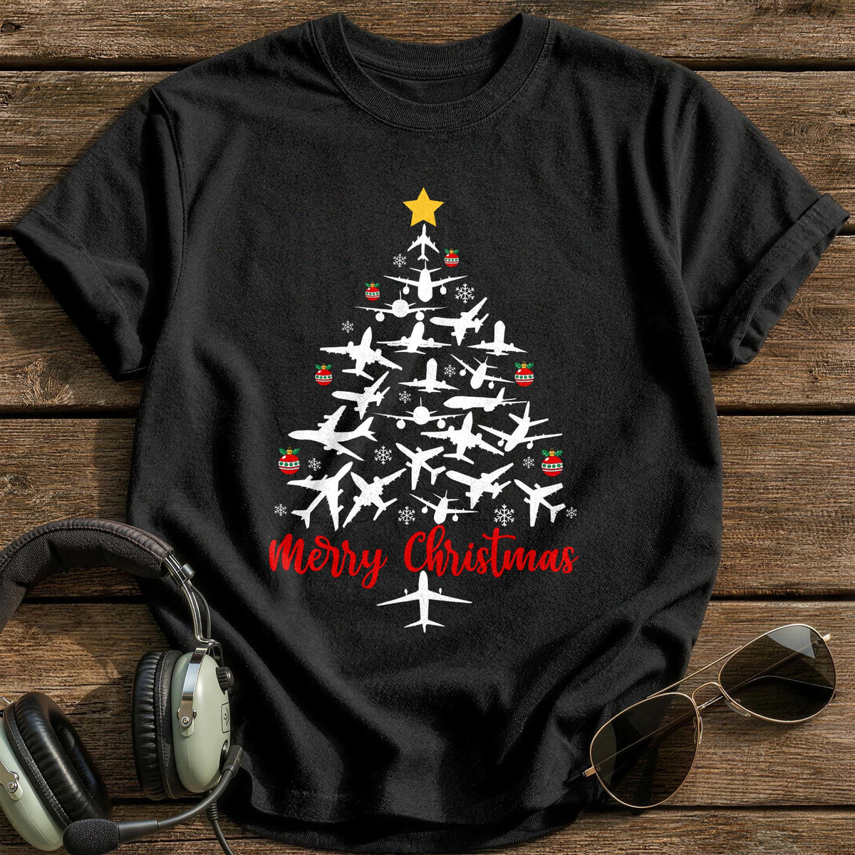 Airplane Christmas Tree T-Shirt - Black