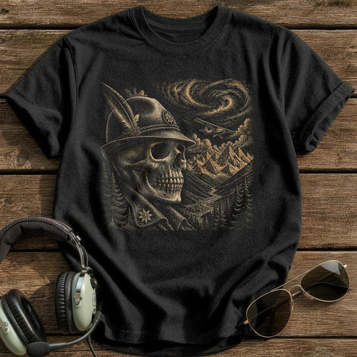Alpine Aviator Skull Feathered Hat T-Shirt - Black