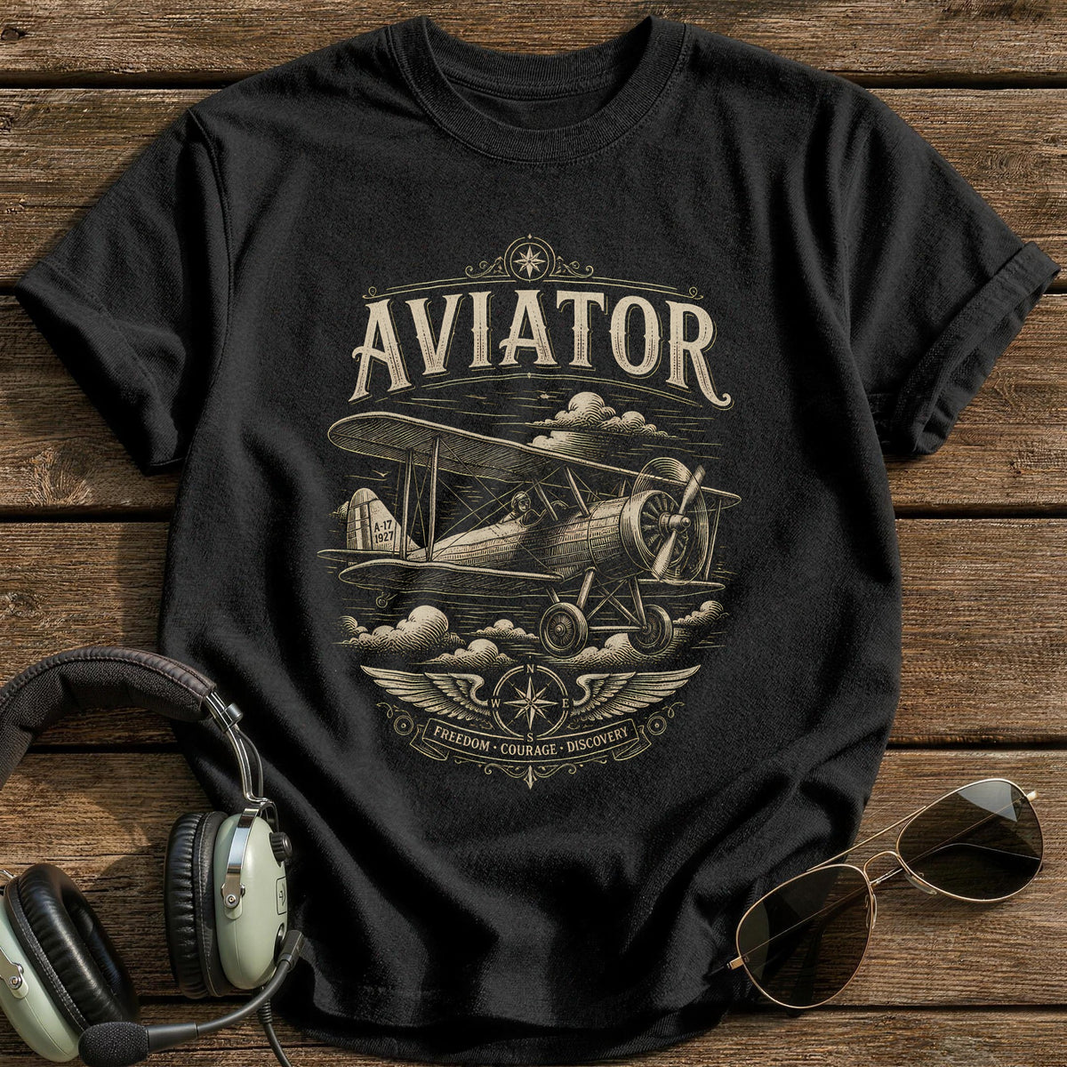 Aviator Woodcut 89 T-Shirt - Black