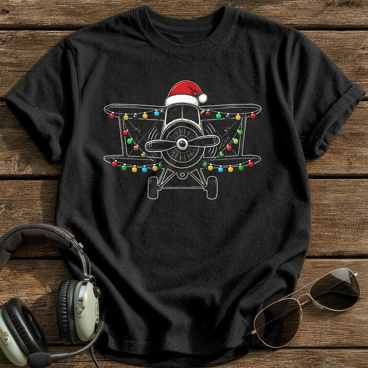Biplane Christmas Lights 26 T-Shirt - Black