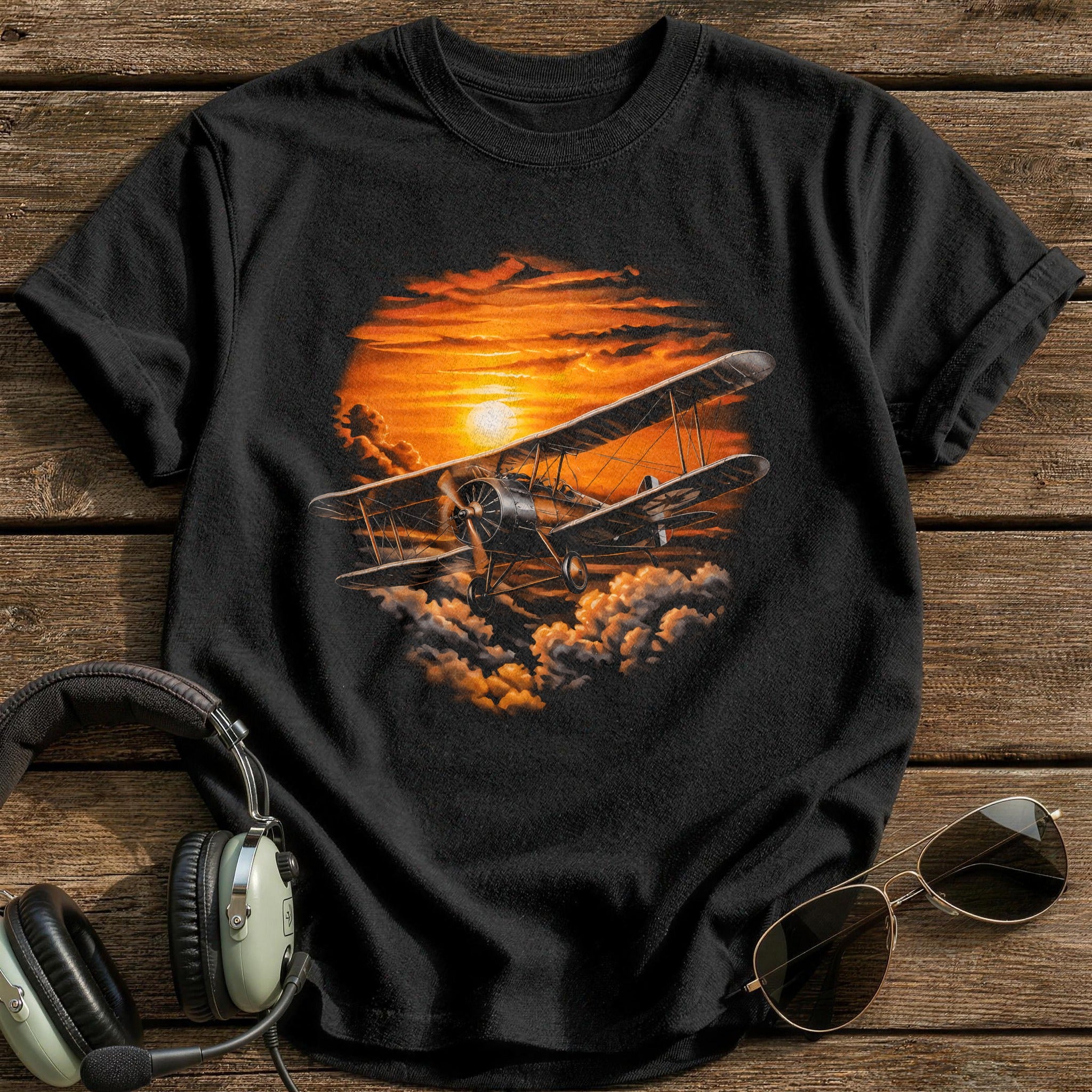 Biplane Sunset T-Shirt - Black