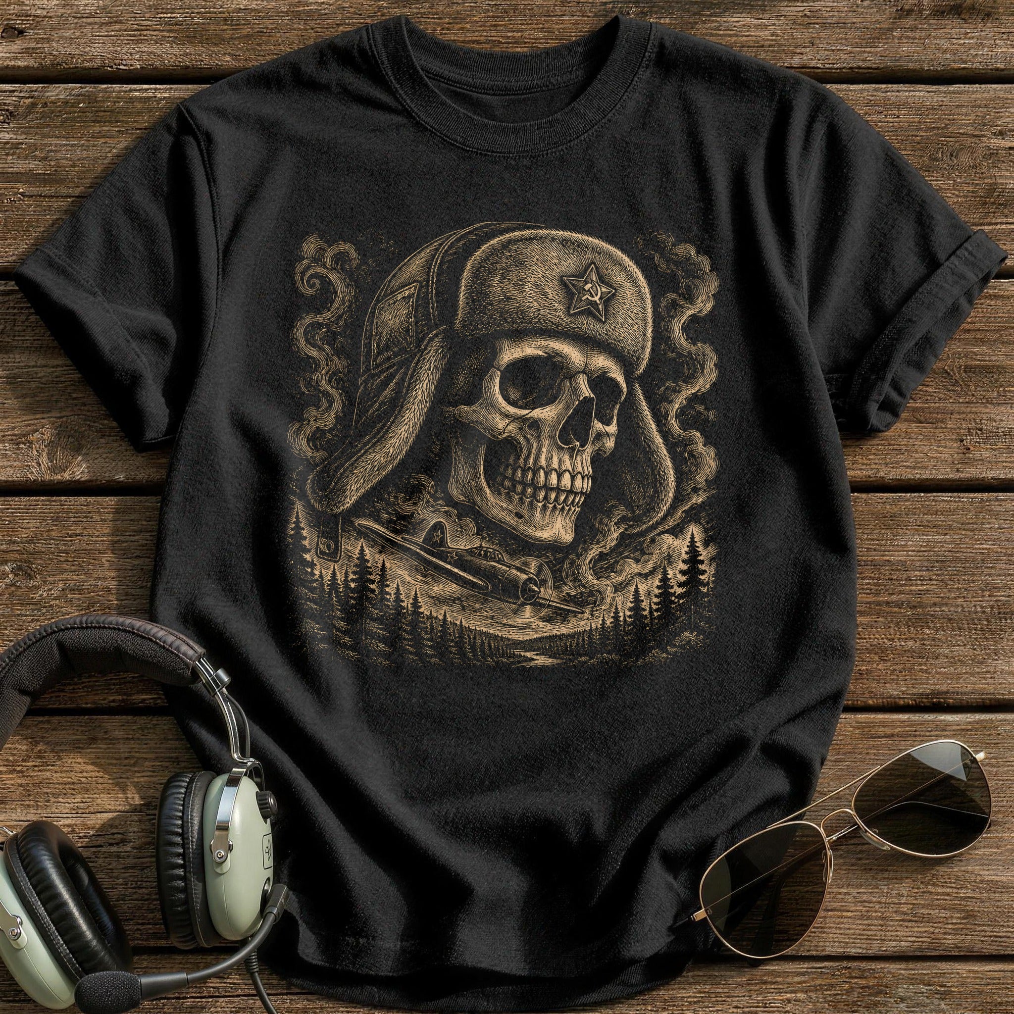 Bush Pilot Skull Ushanka T-Shirt - Black