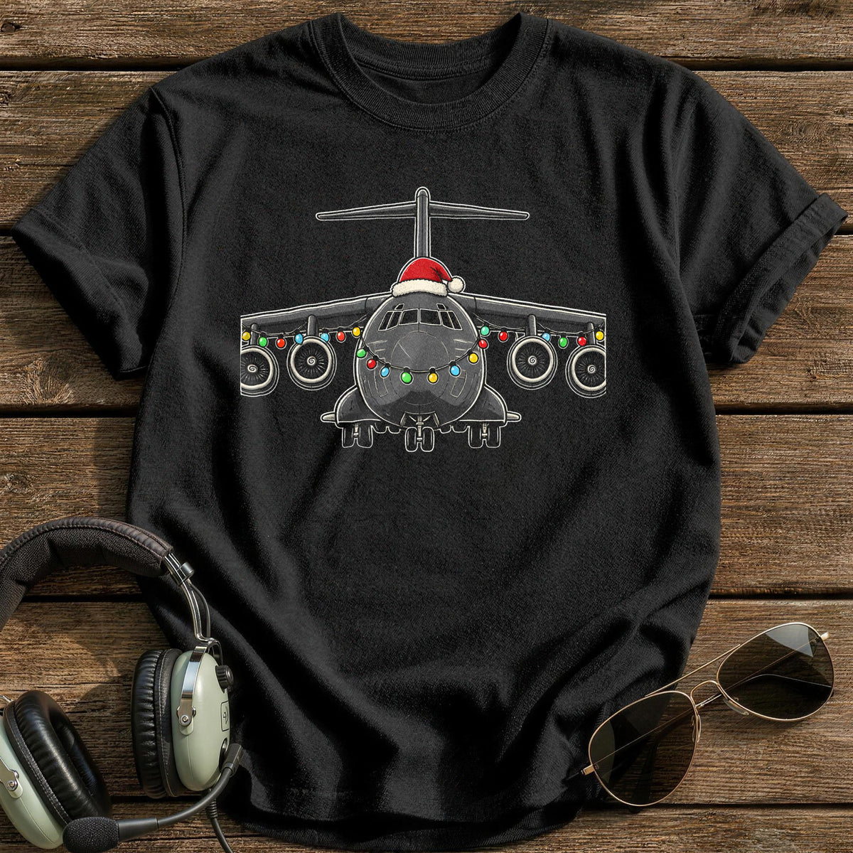Cargo Plane Christmas Lights 19 T-Shirt - Black