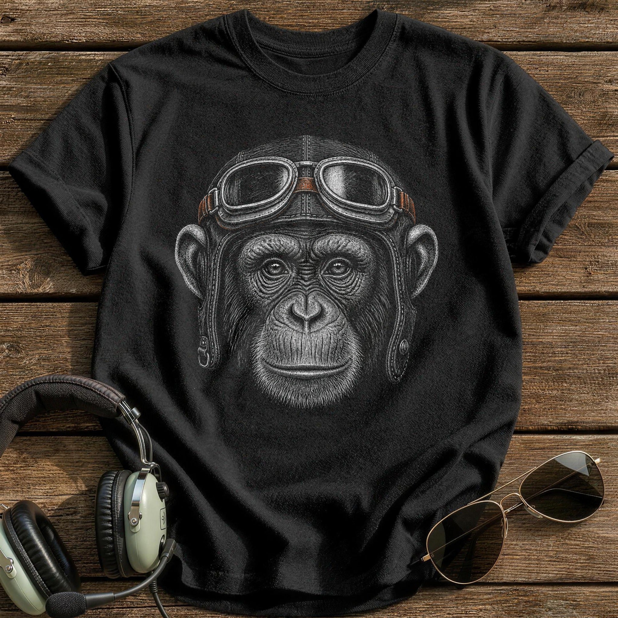 Chimp Pilot (Muted Orange) T-Shirt - Black