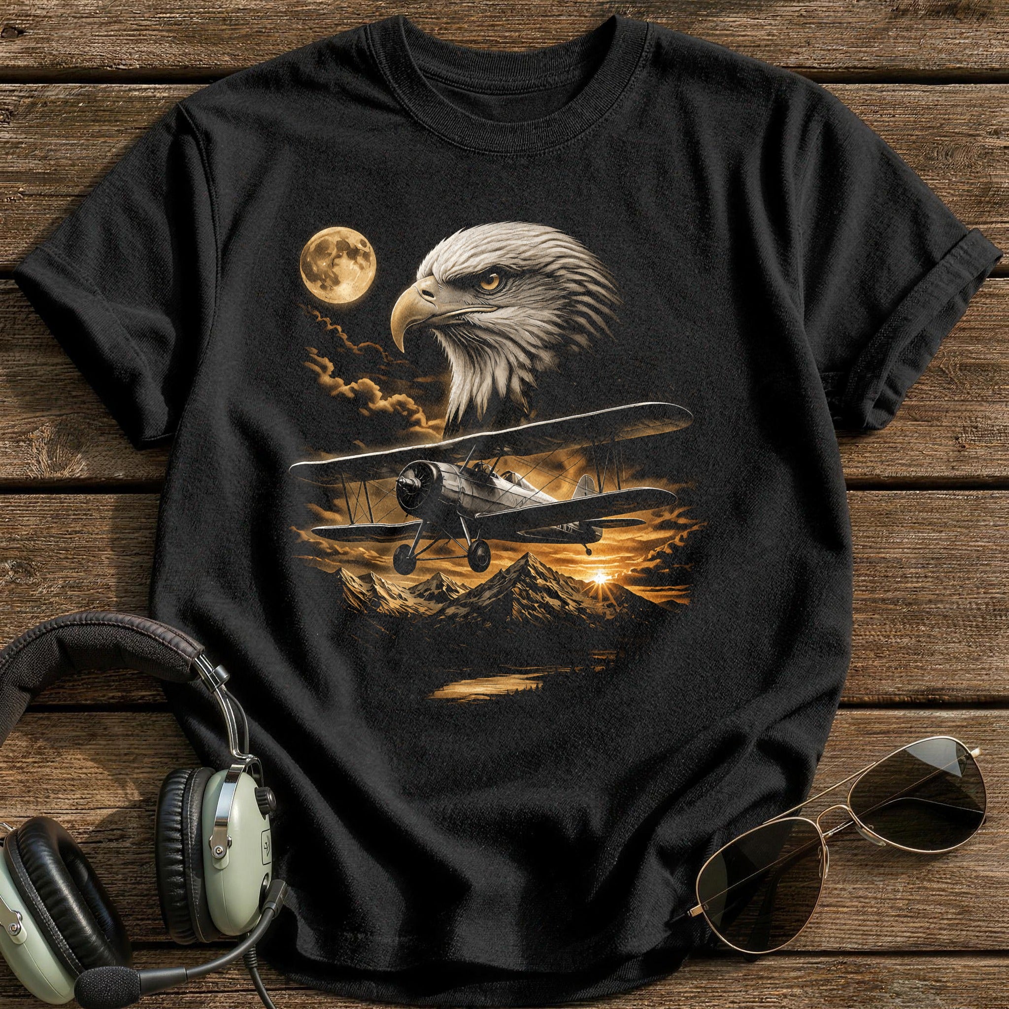 Eagle Biplane Sunset T-Shirt - Black