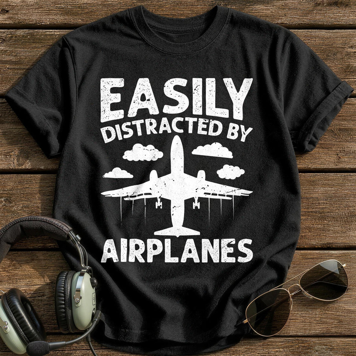 Easily Distracted By Airplanes 1 T-Shirt - Black