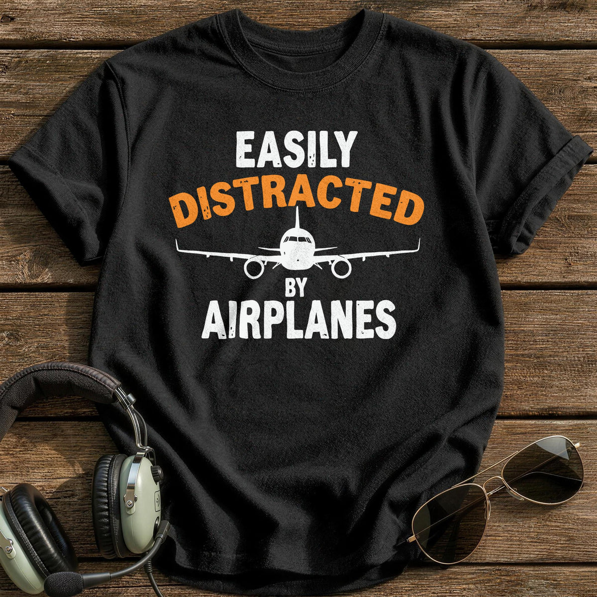 Easily Distracted By Airplanes 2 T-Shirt - Black