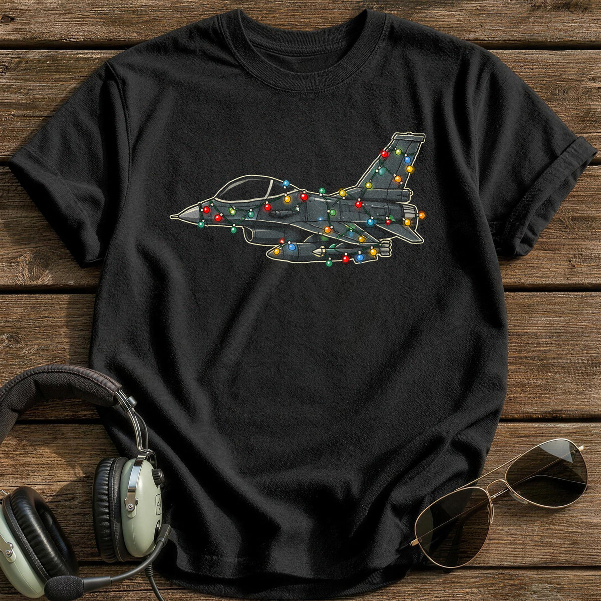 Fighter Jet Christmas Lights 12 T-Shirt - Black