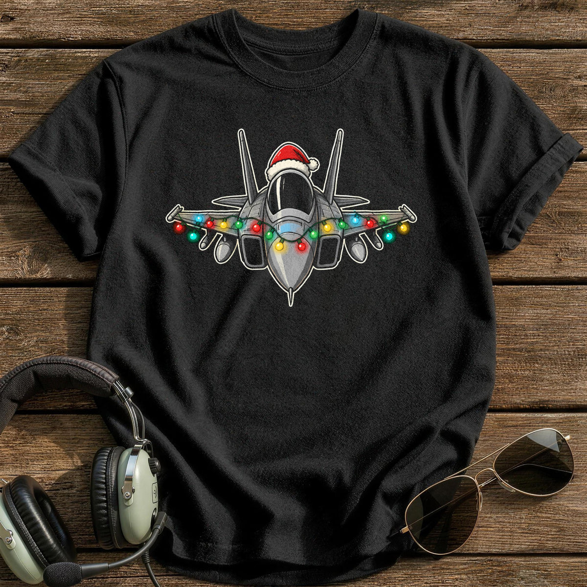 Fighter Jet Christmas Lights 49 T-Shirt - Black