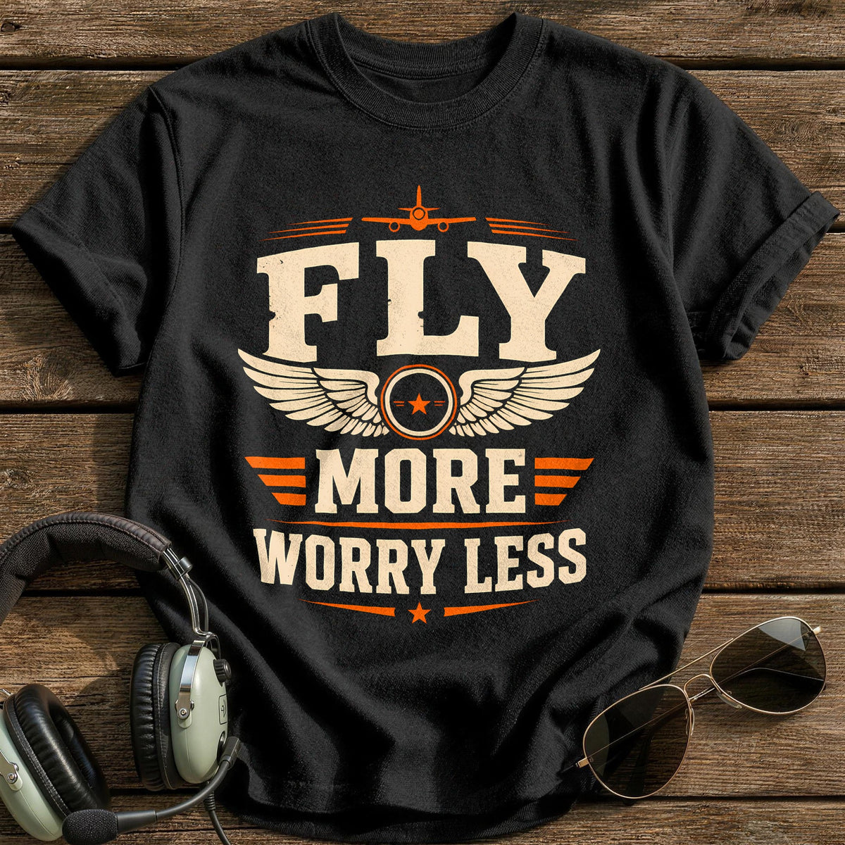 Fly More Worry Less T-Shirt - Black