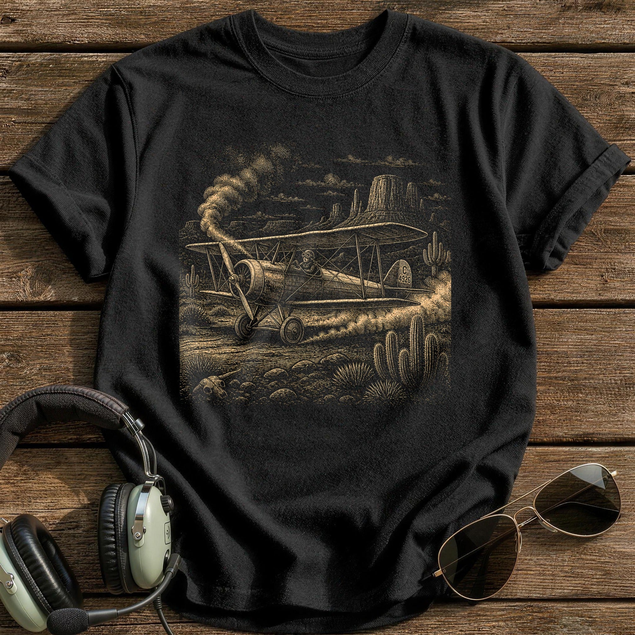 Frontier Biplane In The Desert T-Shirt - Black