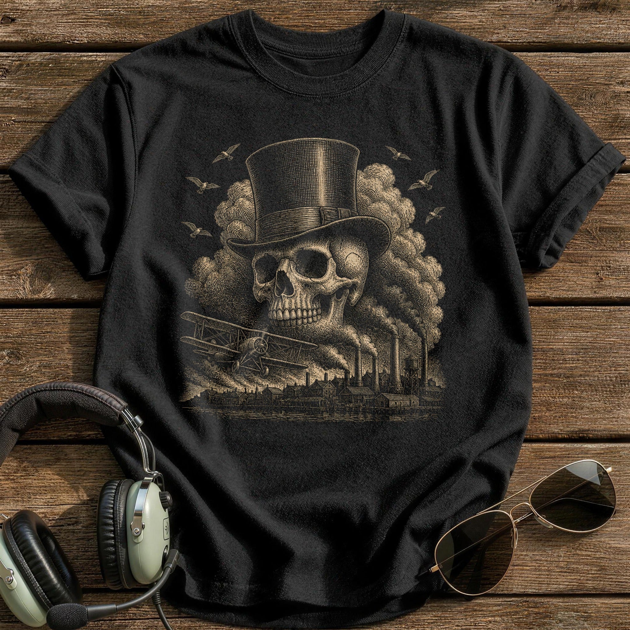 Gentleman Aviator Skull Top Hat T-Shirt - Black