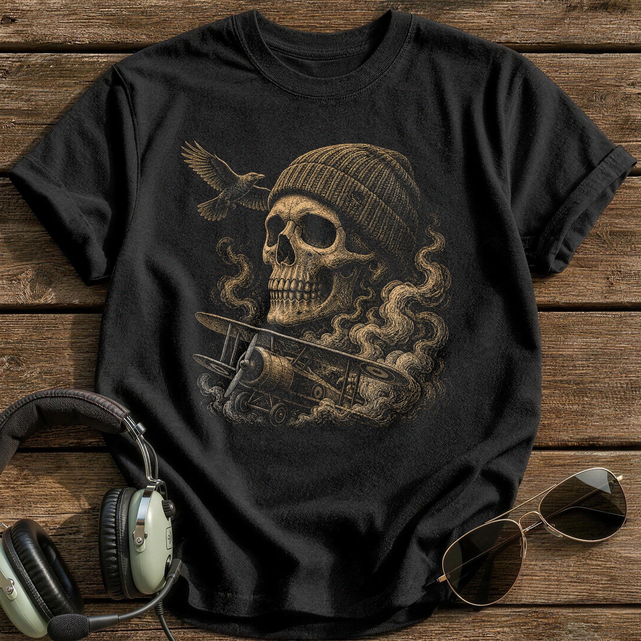 Ground Crew Skull Knit Cap T-Shirt - Black