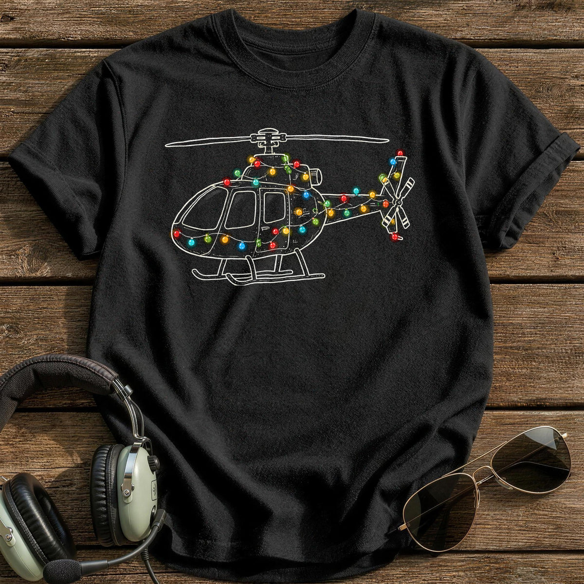 Helicopter Christmas Lights 68 T-Shirt - Black