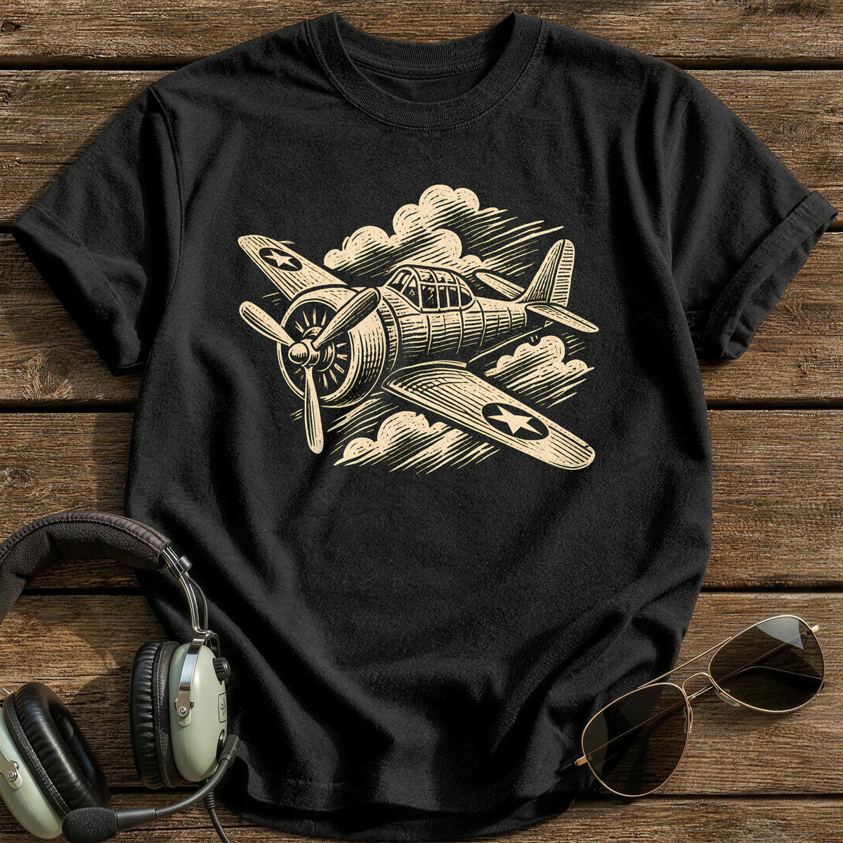 Linocut Plane 11 T-Shirt - Black