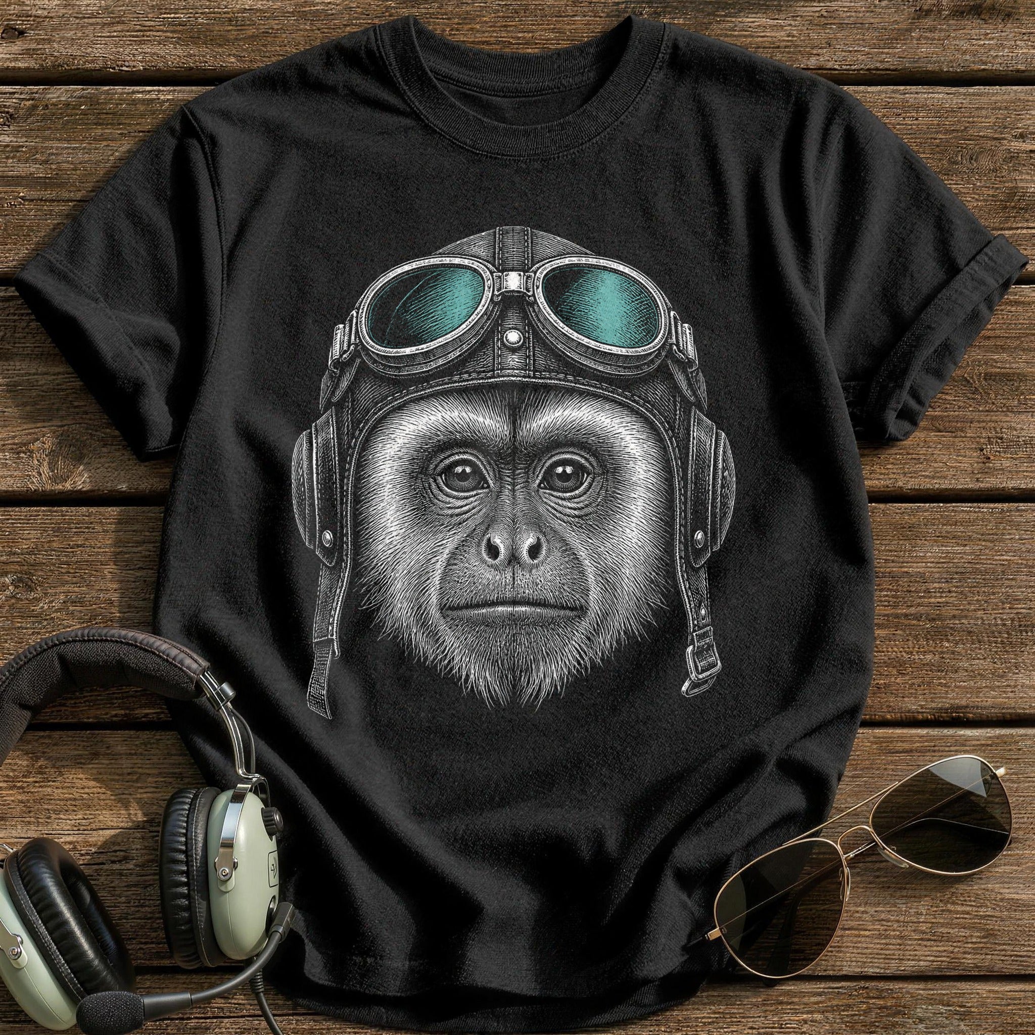 Monkey Aviator (Soft Teal) T-Shirt - Black