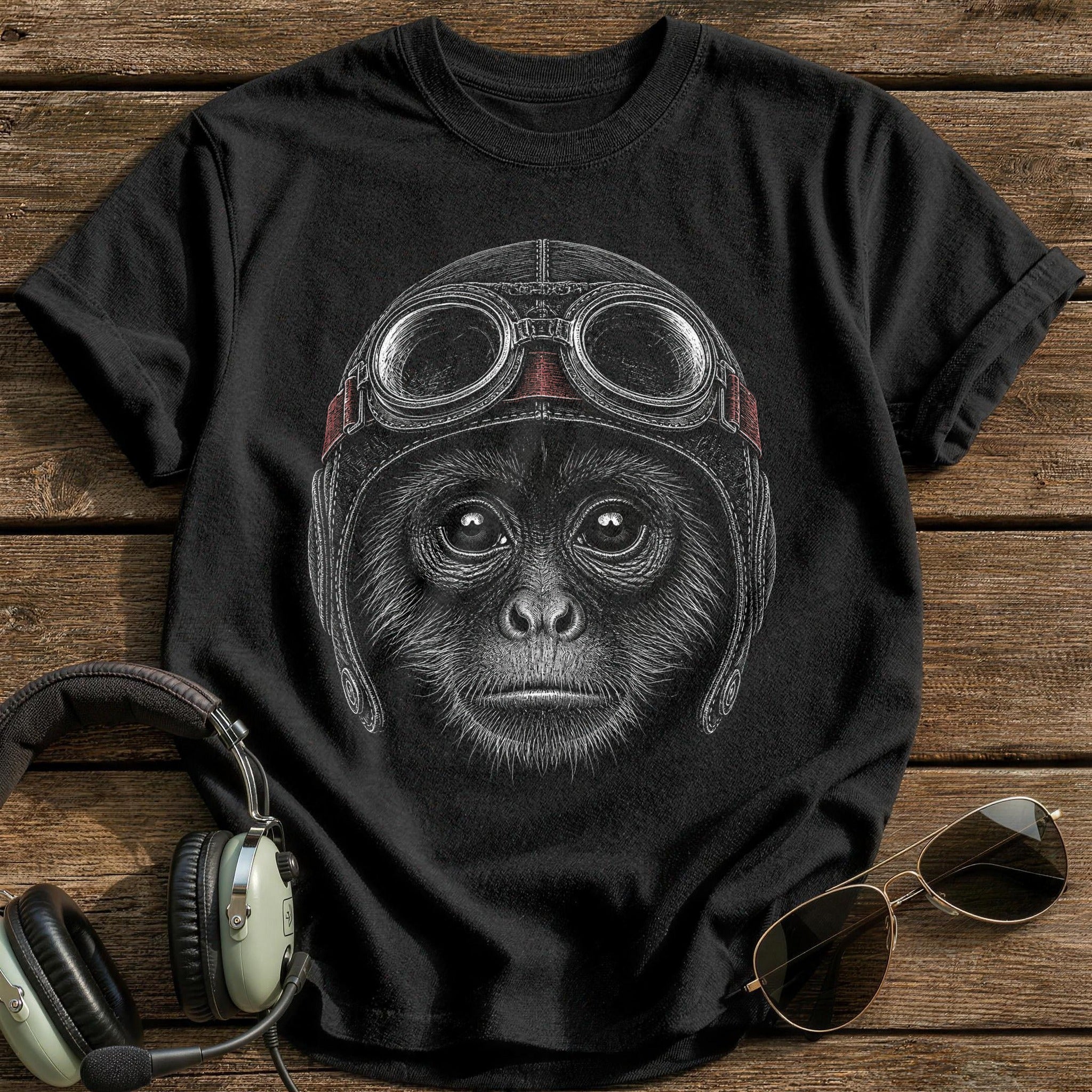 Monkey Pilot (Dusty Crimson) T-Shirt - Black