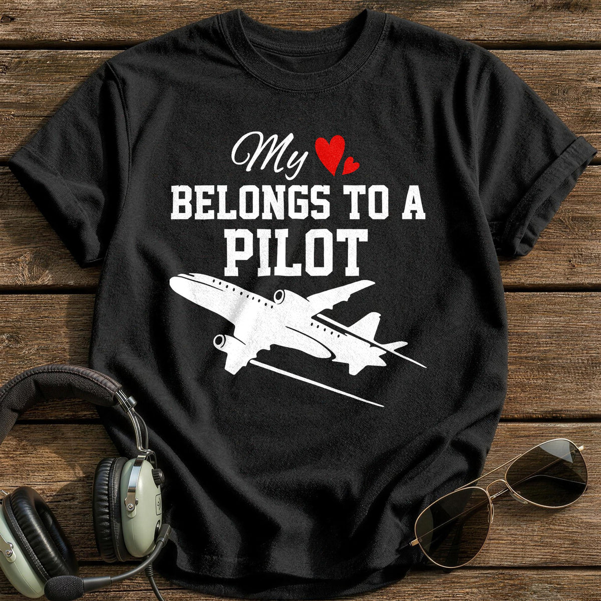 My Heart Belongs To A Pilot T-Shirt - Black