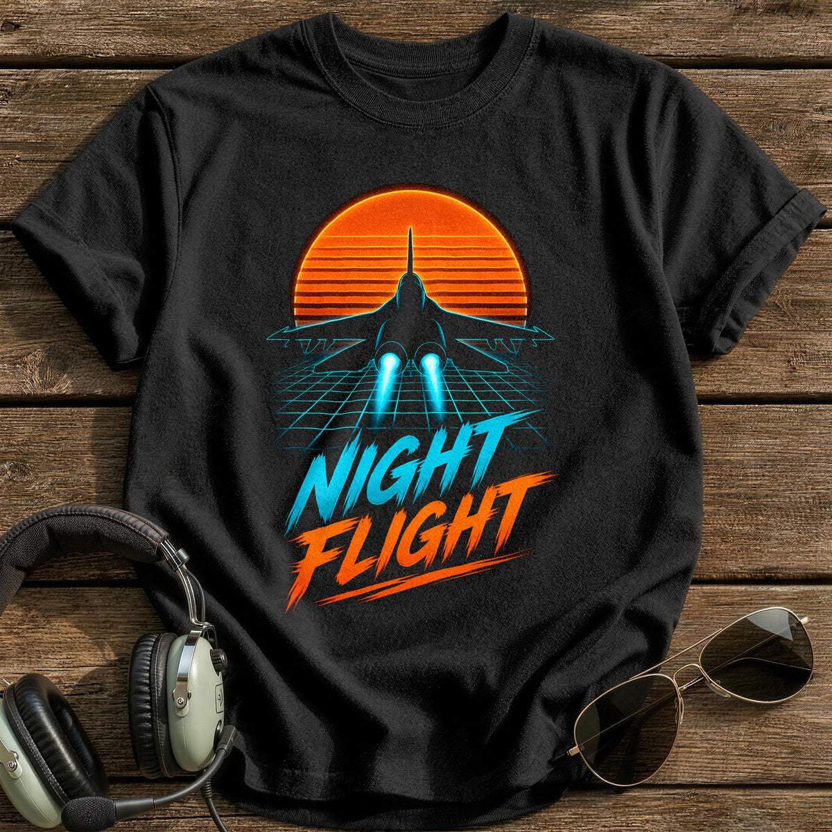 Night Flight Synthwave 71 T-Shirt - Black