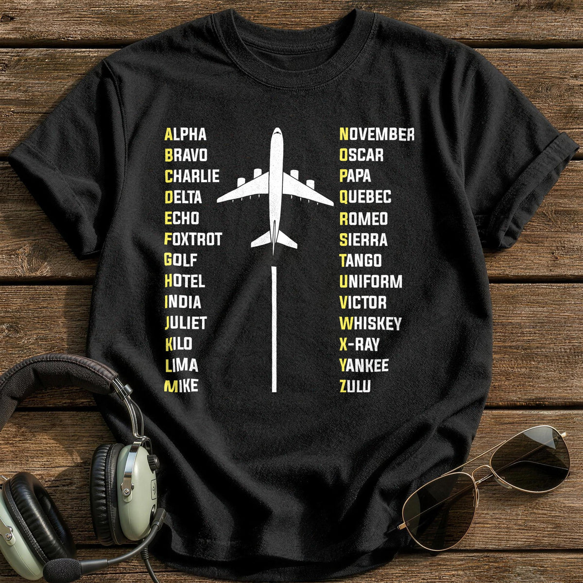 Phonetic Alphabet Airliner T-Shirt - Black