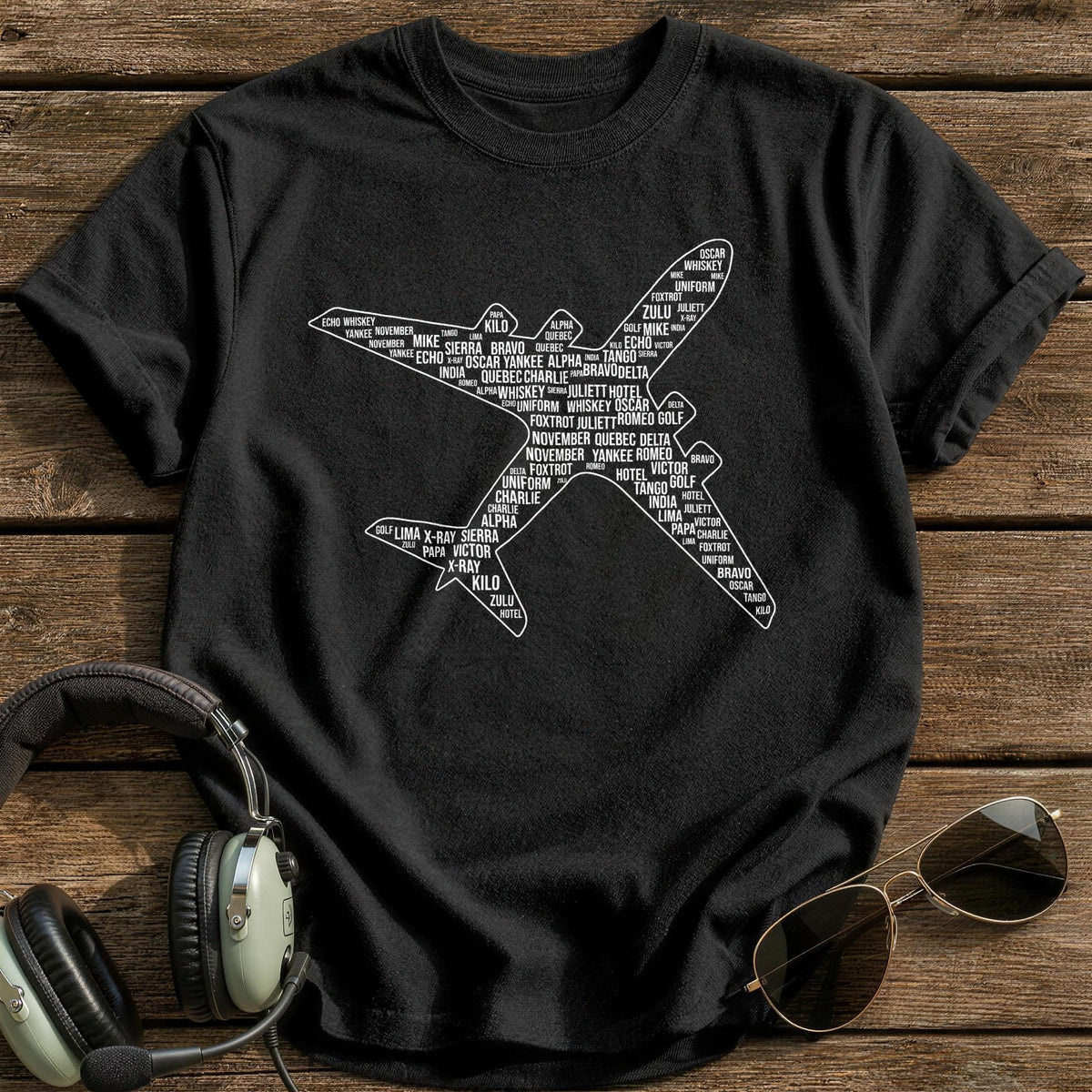 Phonetic Alphabet Plane Word Cloud T-Shirt - Black