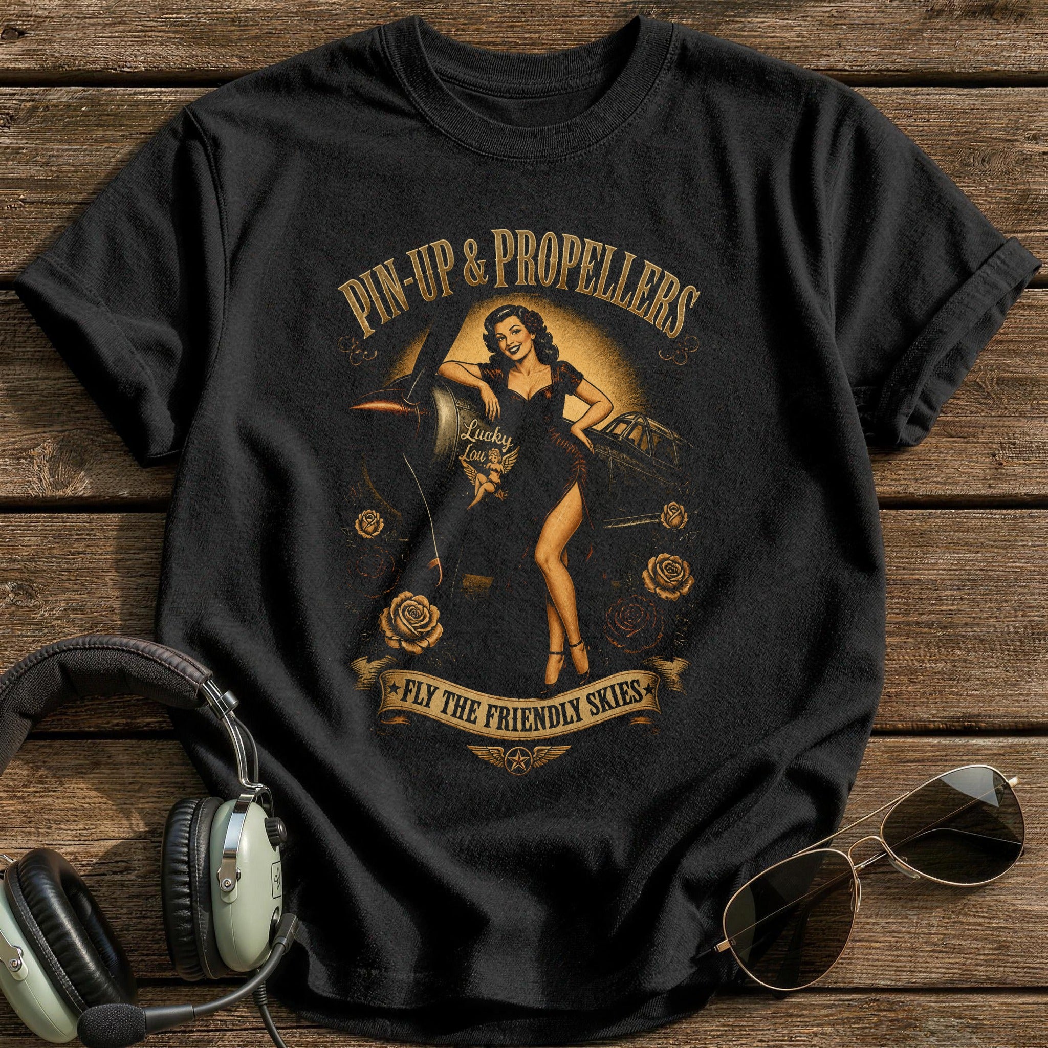Pin-Up & Propellers T-Shirt - Black