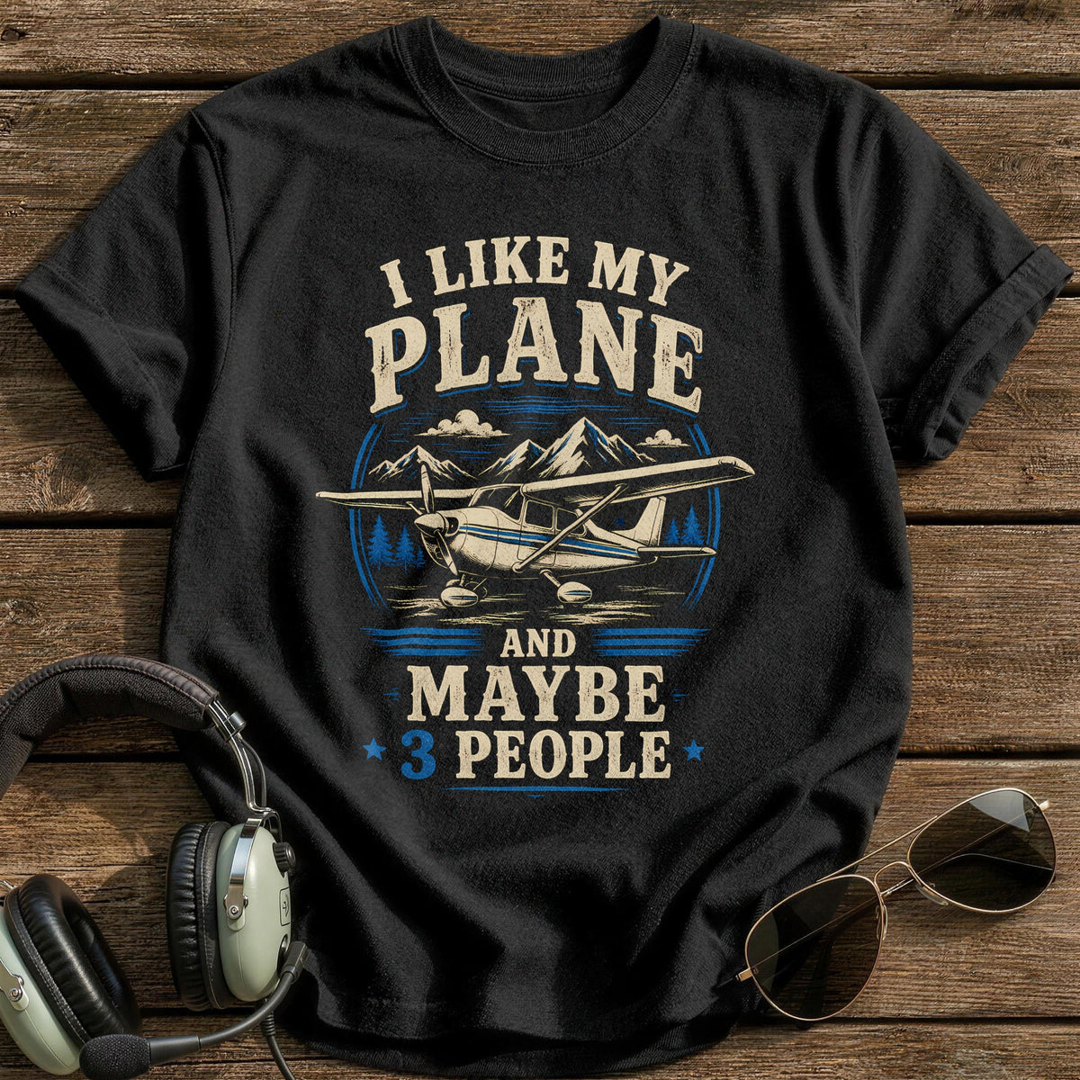 Plane And 3 People 49 T-Shirt - Black