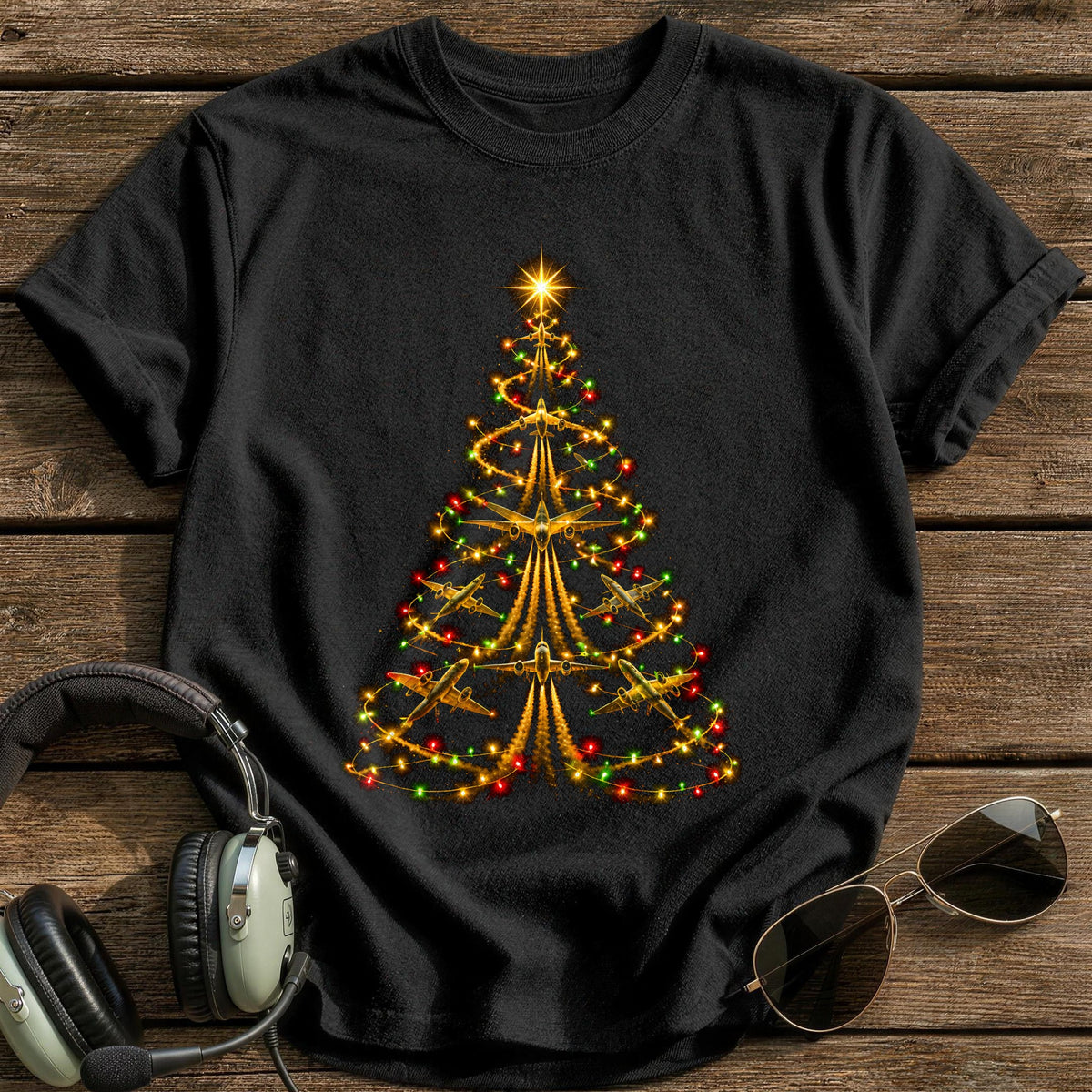 Plane Lights Tree 16 T-Shirt - Black
