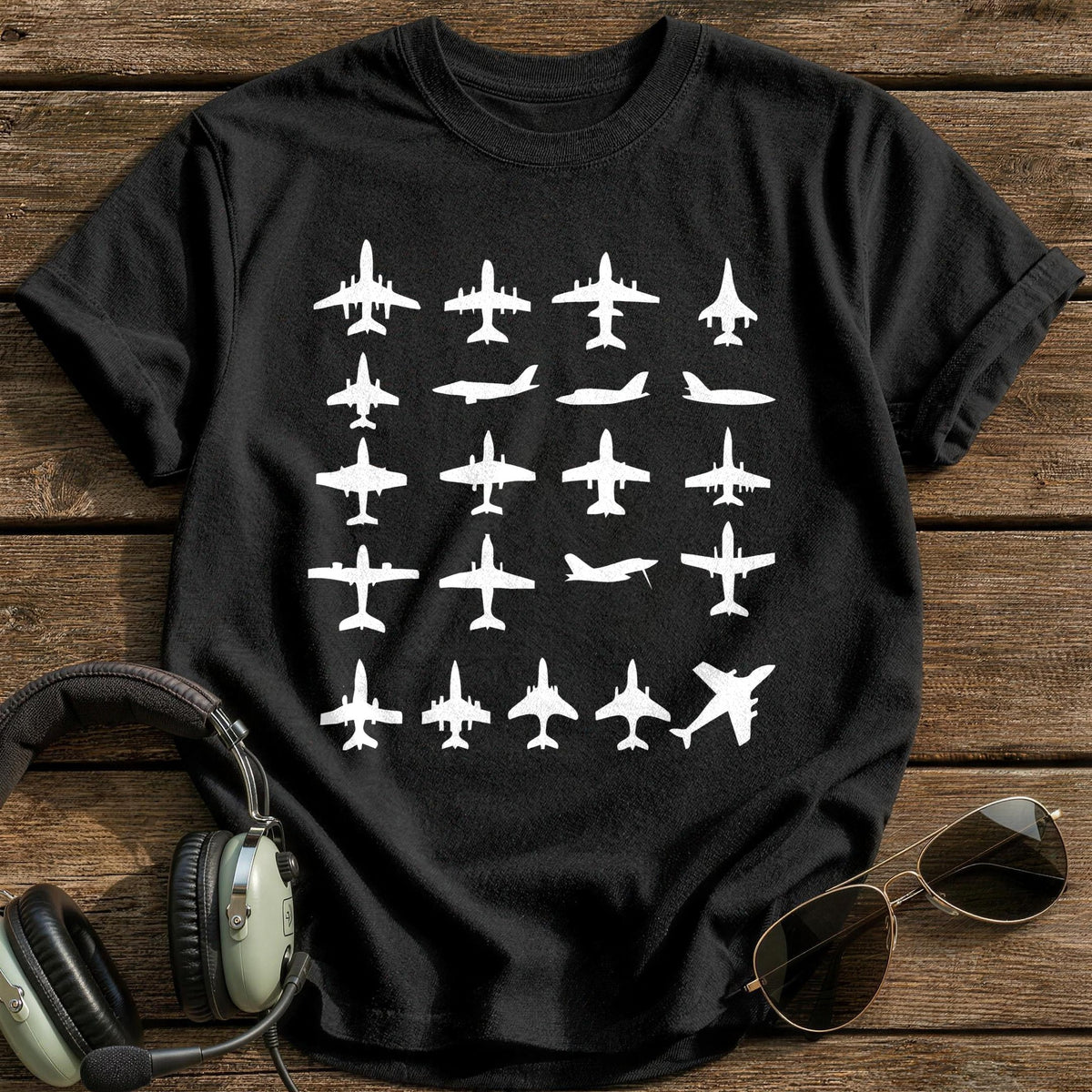 Plane Silhouette Grid T-Shirt - Black