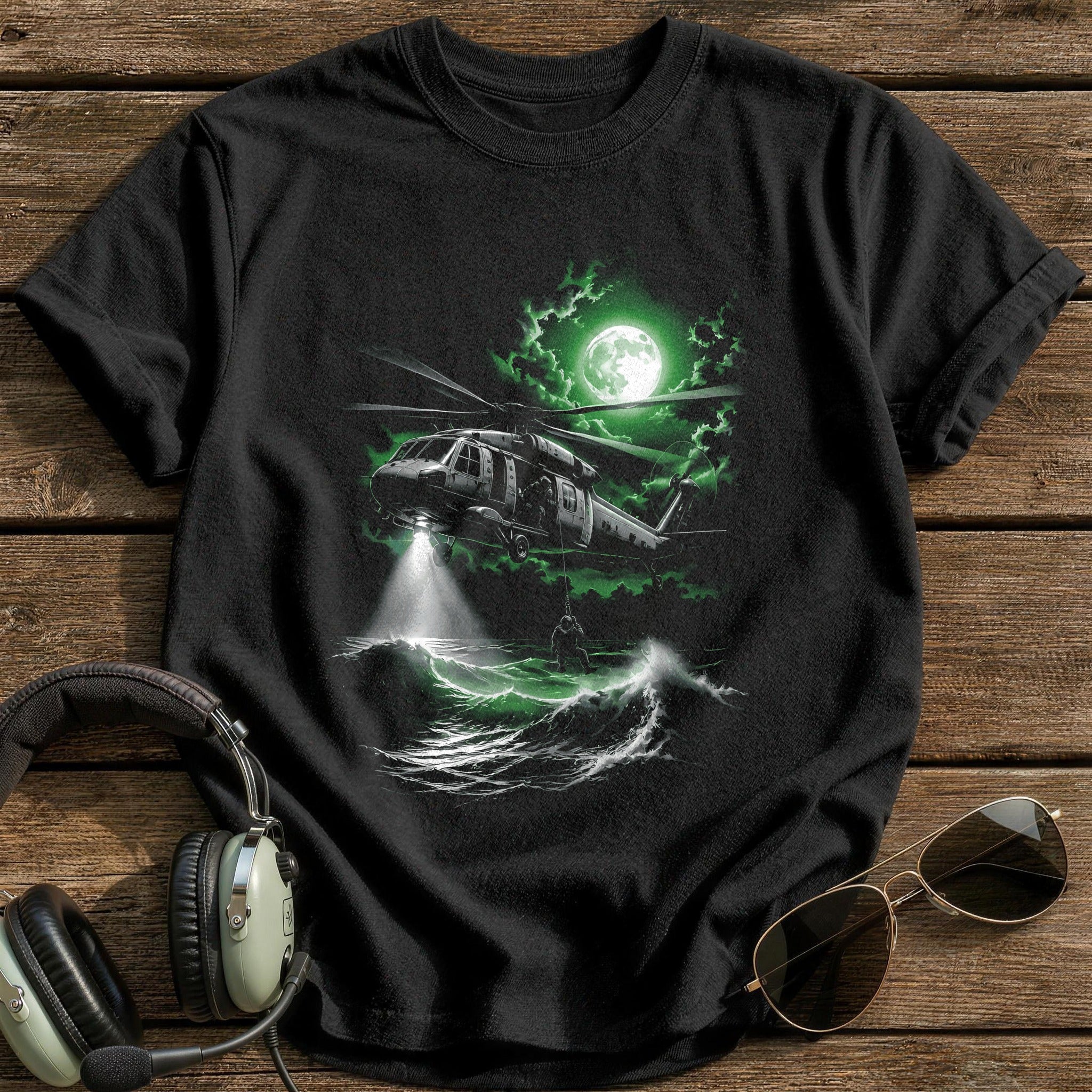 Rescue Helicopter Moon T-Shirt - Black
