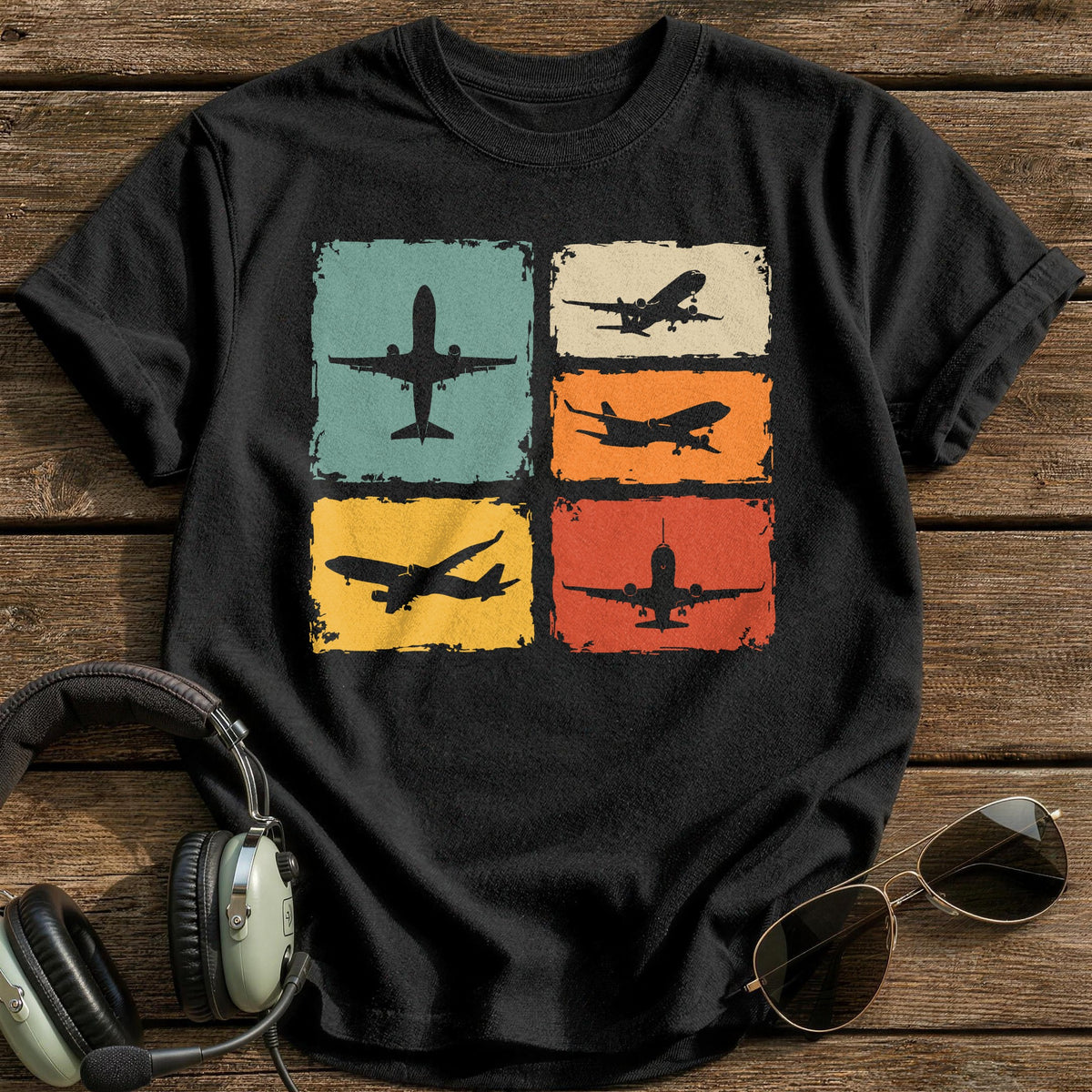 Retro Planes Tiles T-Shirt - Black