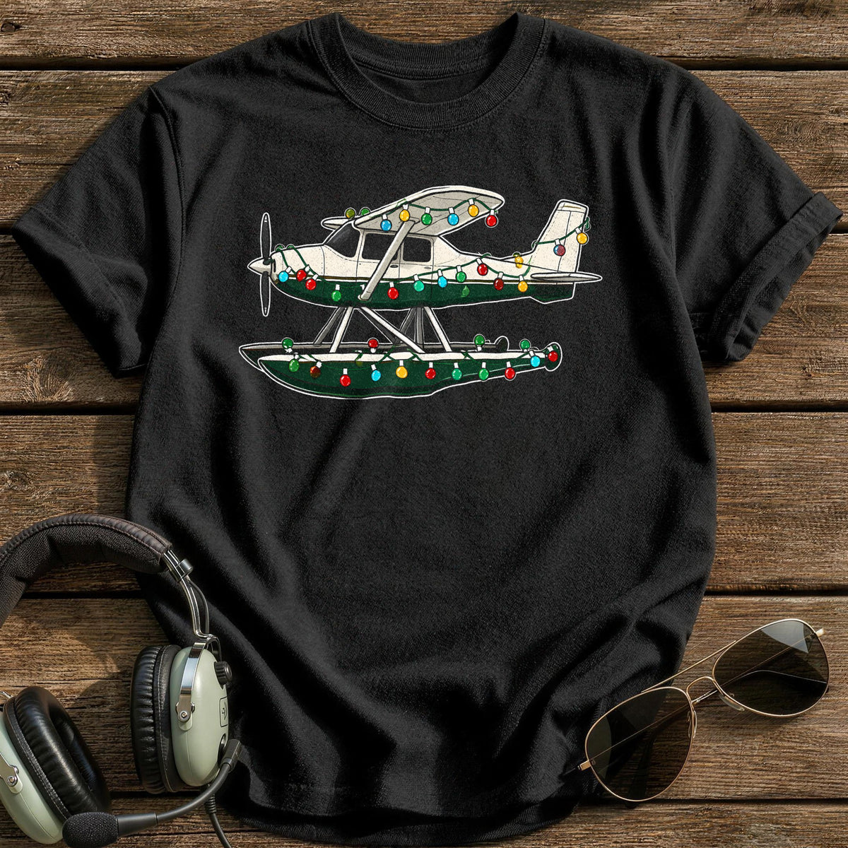 Seaplane Christmas Lights 77 T-Shirt - Black