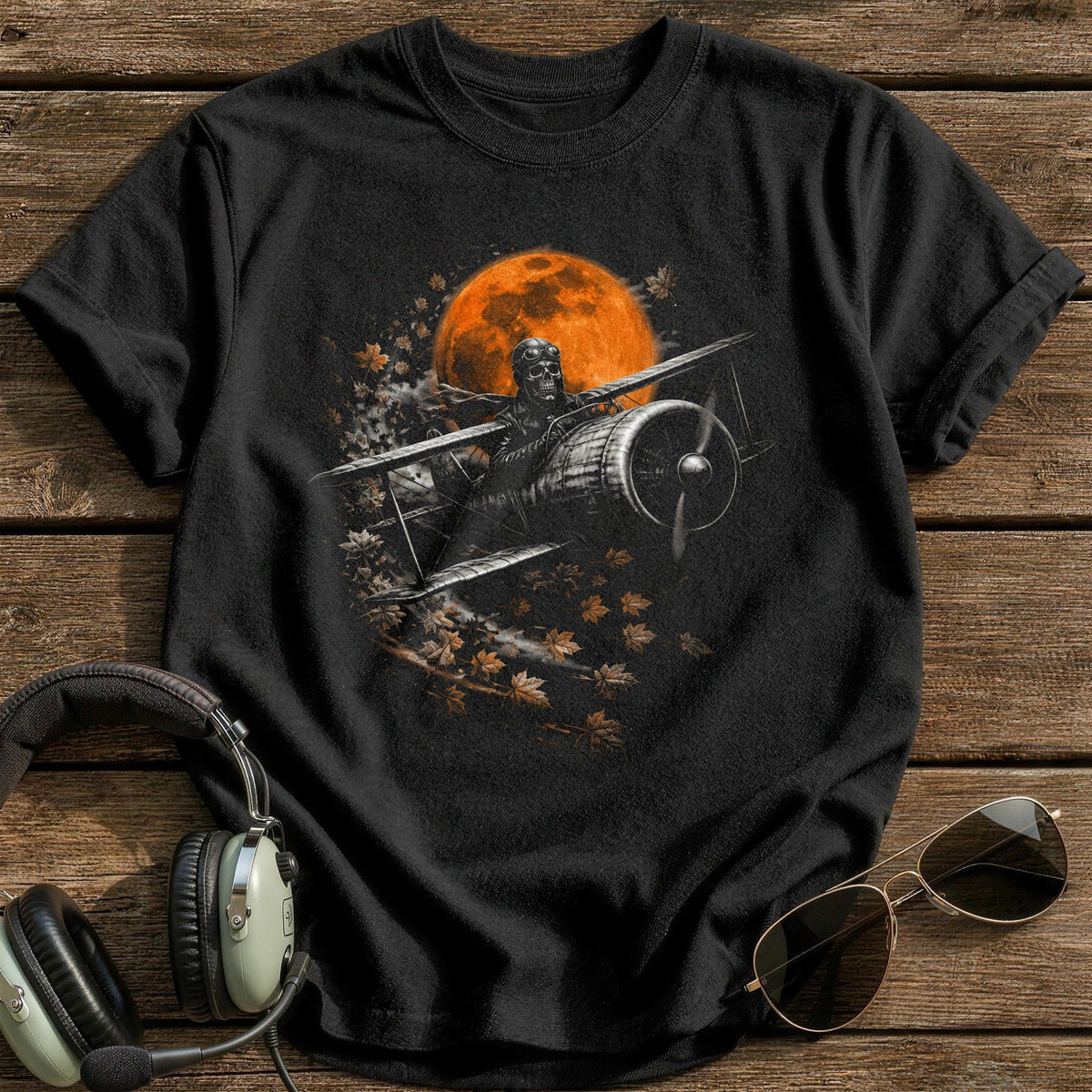 Skeleton Pilot Biplane 66 Kids T-Shirt - Black