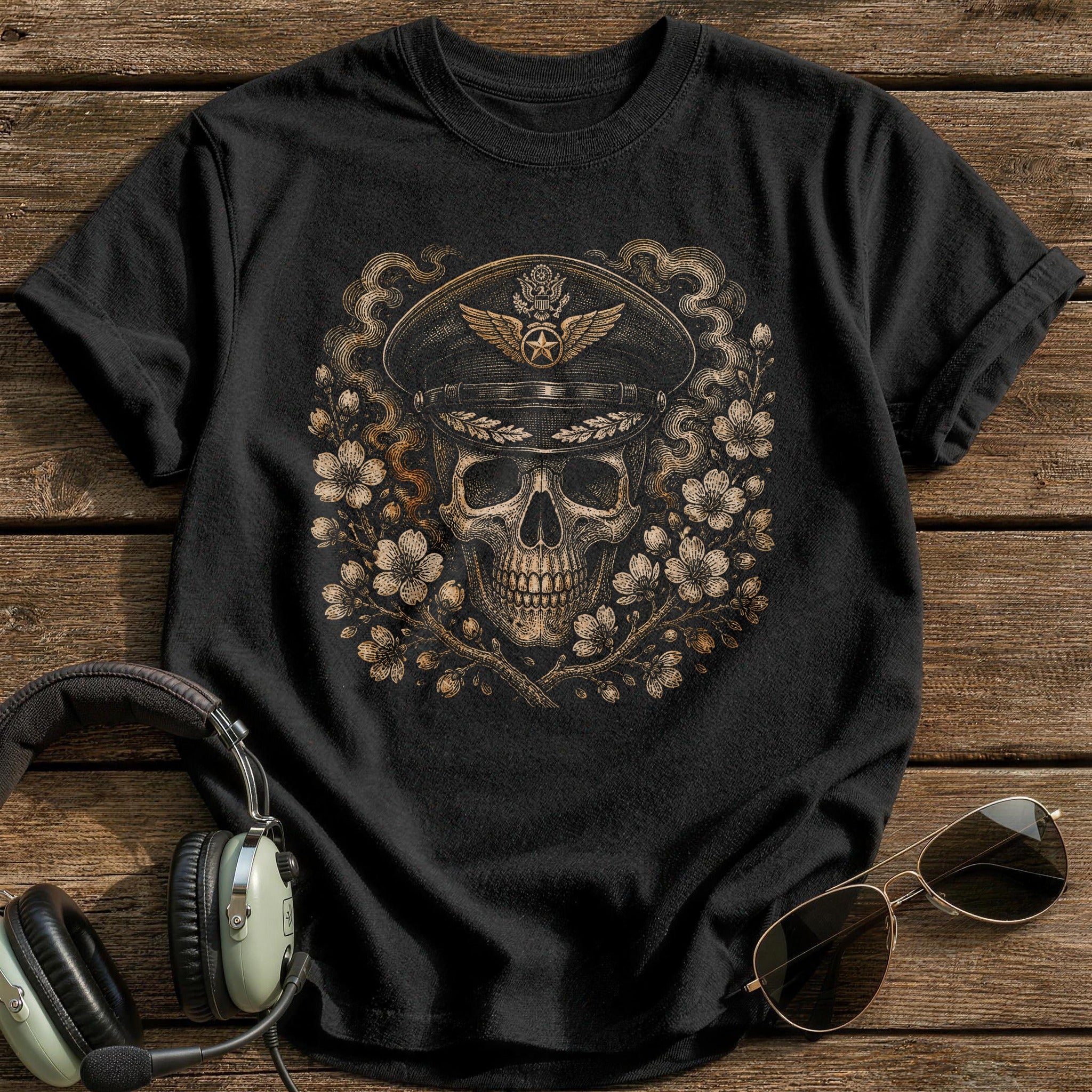 Squadron Skull Officer Cap Blossom T-Shirt - Black