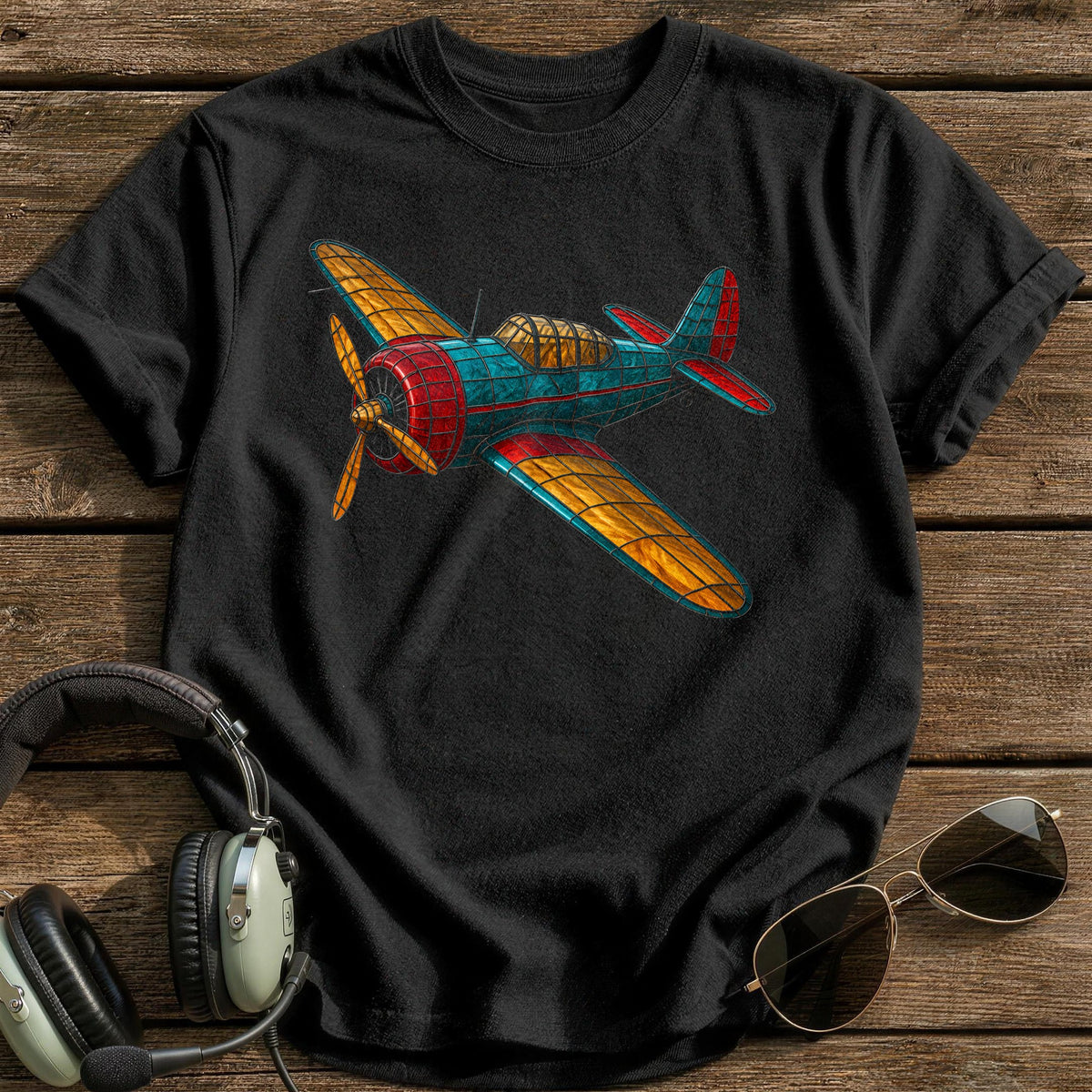 Stained Glass Plane 93 T-Shirt - Black