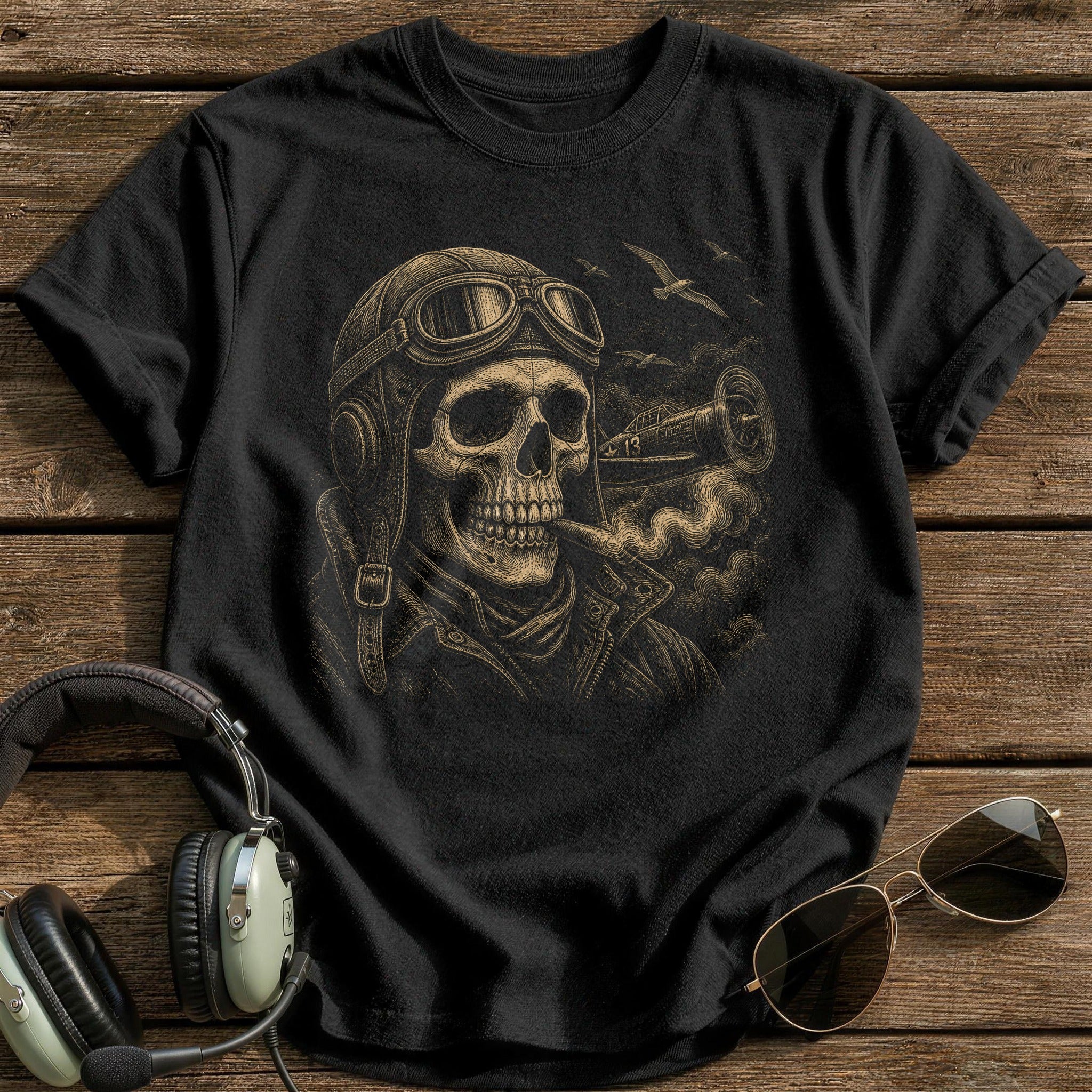 Test Pilot Skull Flying Helmet T-Shirt - Black