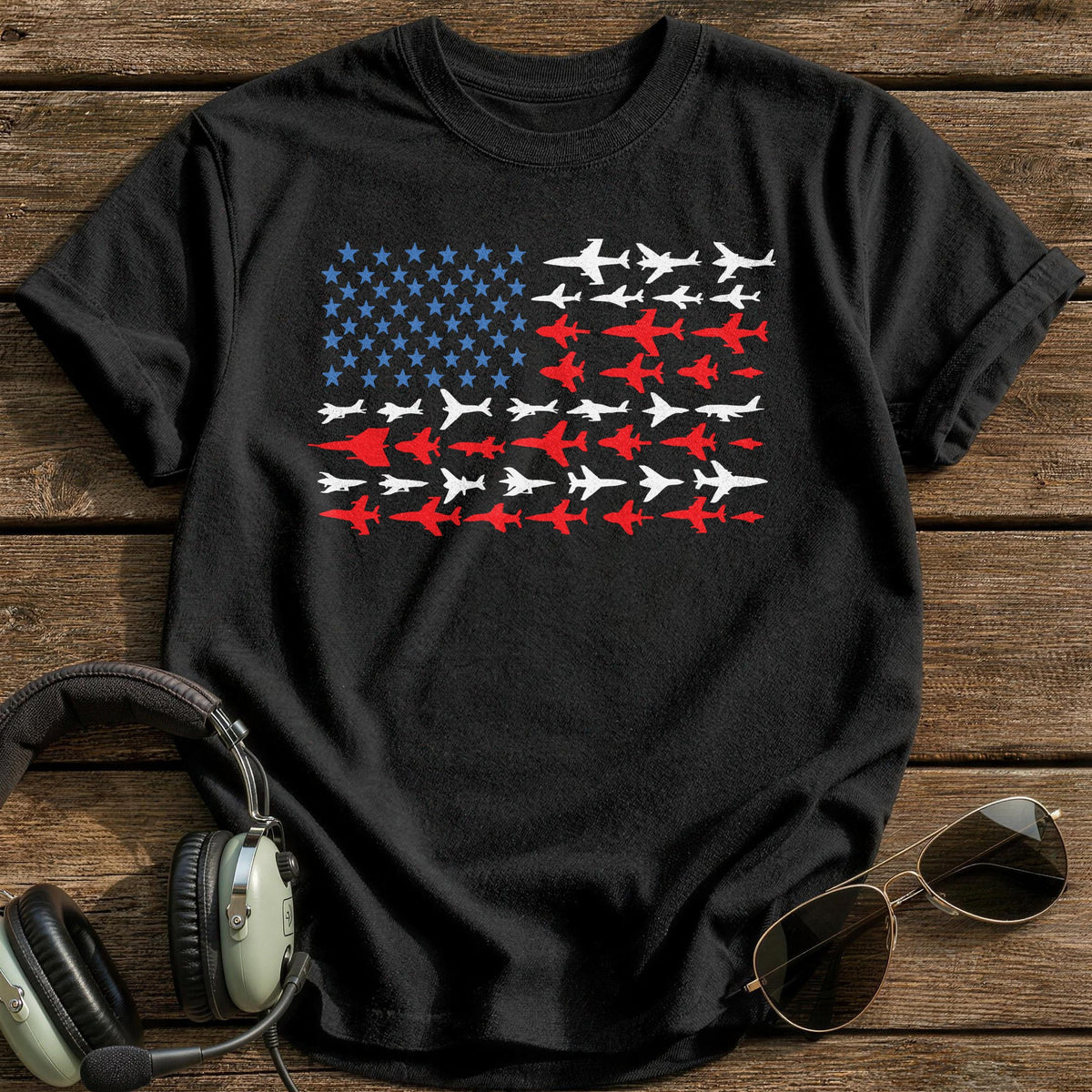 USA Flag Planes T-Shirt - Black