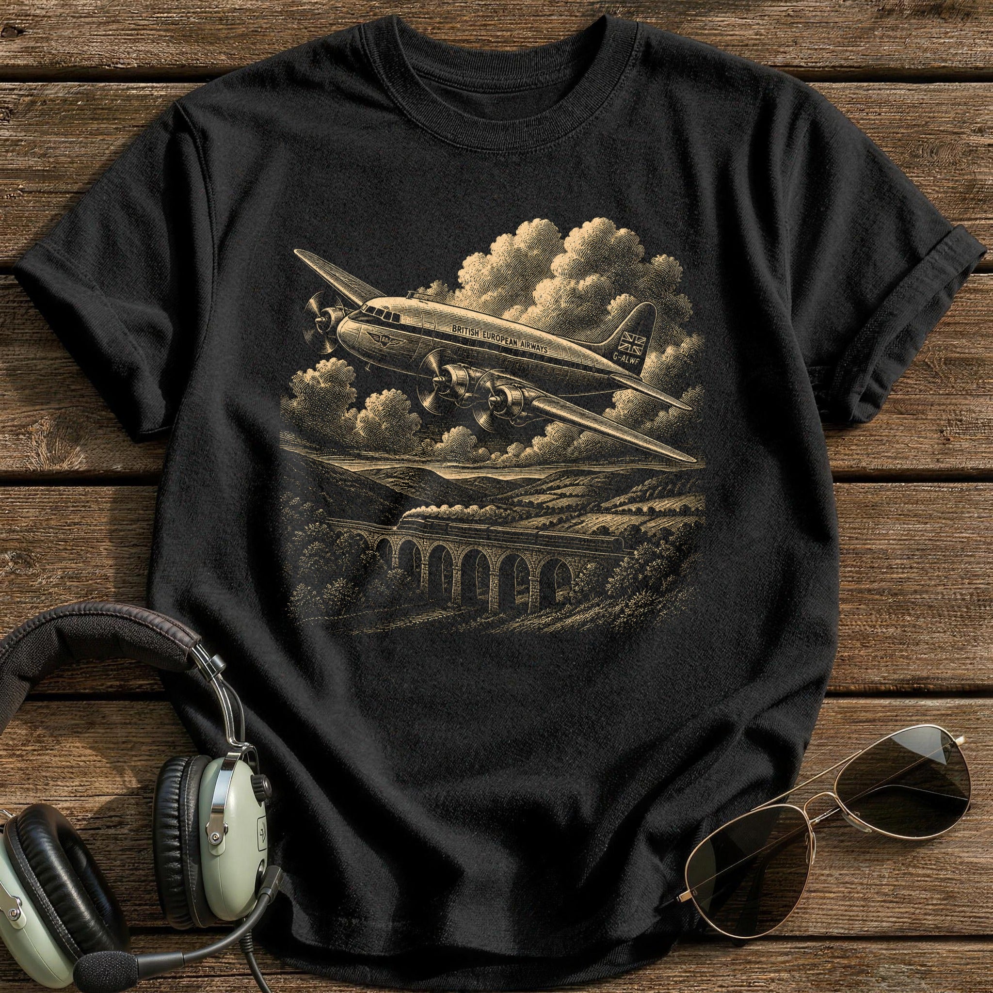 Vintage Airliner Over Hills T-Shirt - Black