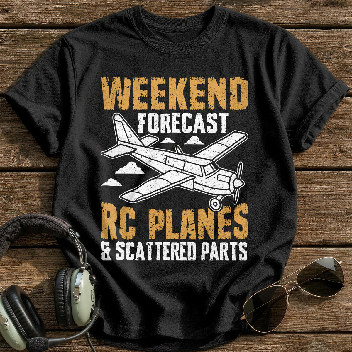 Weekend Forecast RC Planes And Scattered Parts T-Shirt - Black