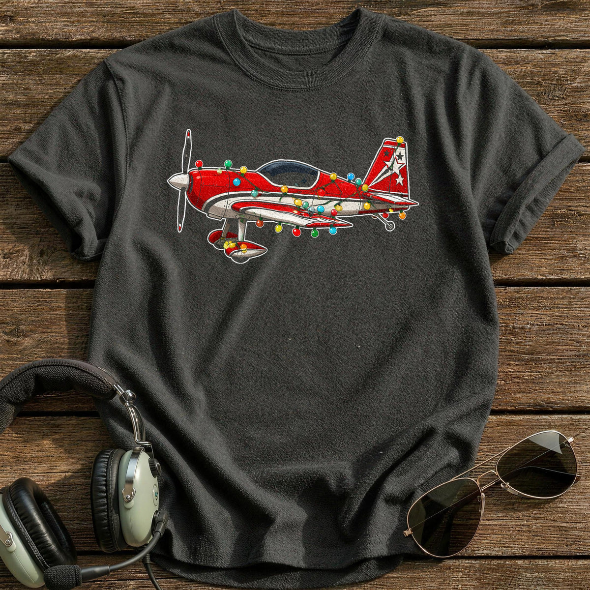 Aerobatic Plane Christmas Lights 56 T-Shirt - Charcoal