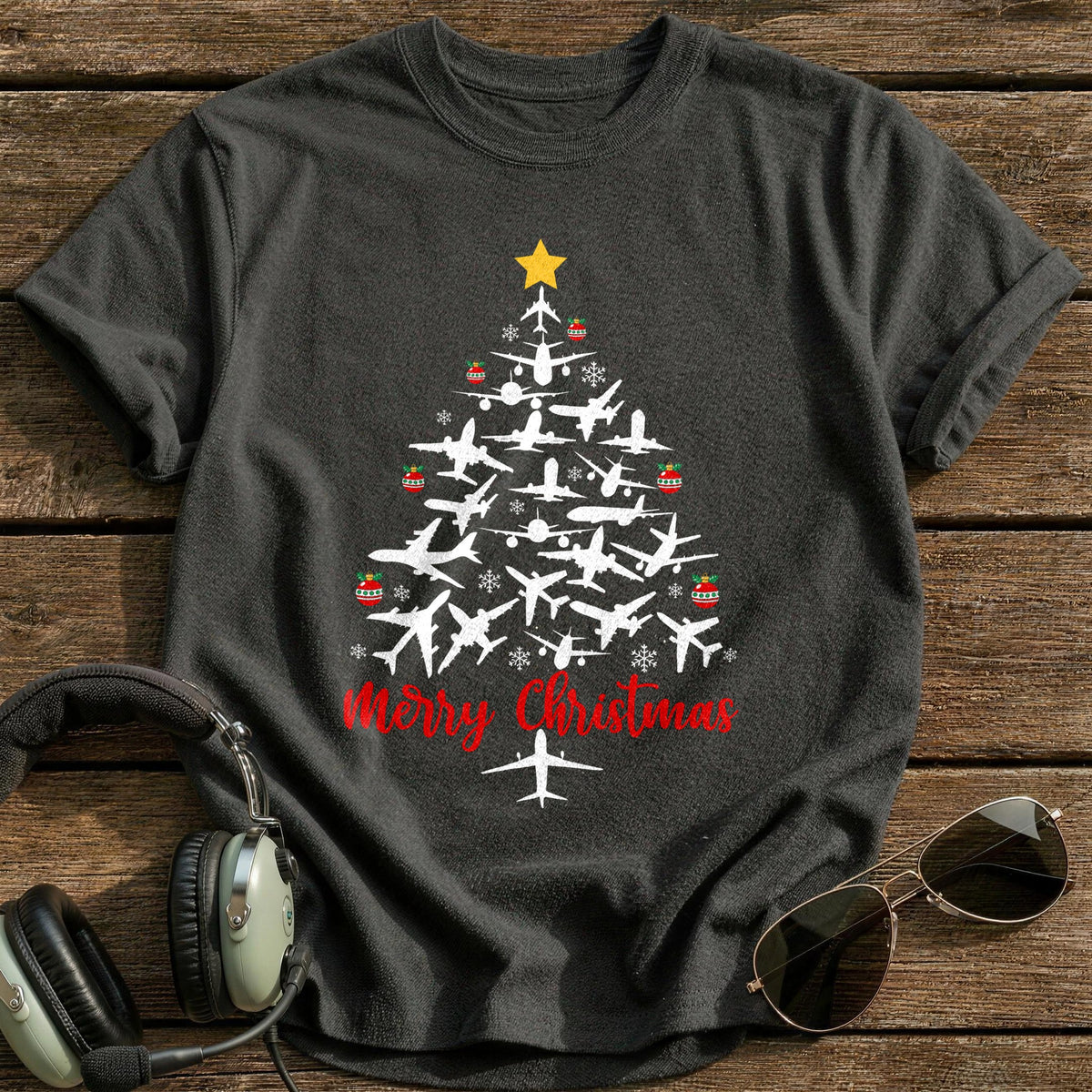 Airplane Christmas Tree T-Shirt - Charcoal