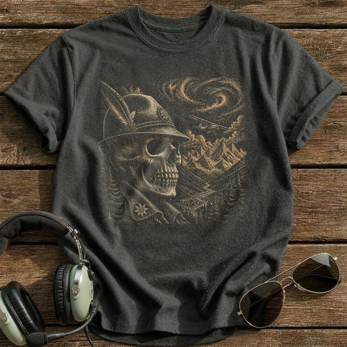 Alpine Aviator Skull Feathered Hat T-Shirt - Charcoal