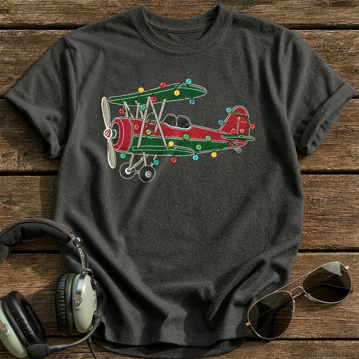 Biplane Christmas Lights 18 T-Shirt - Charcoal