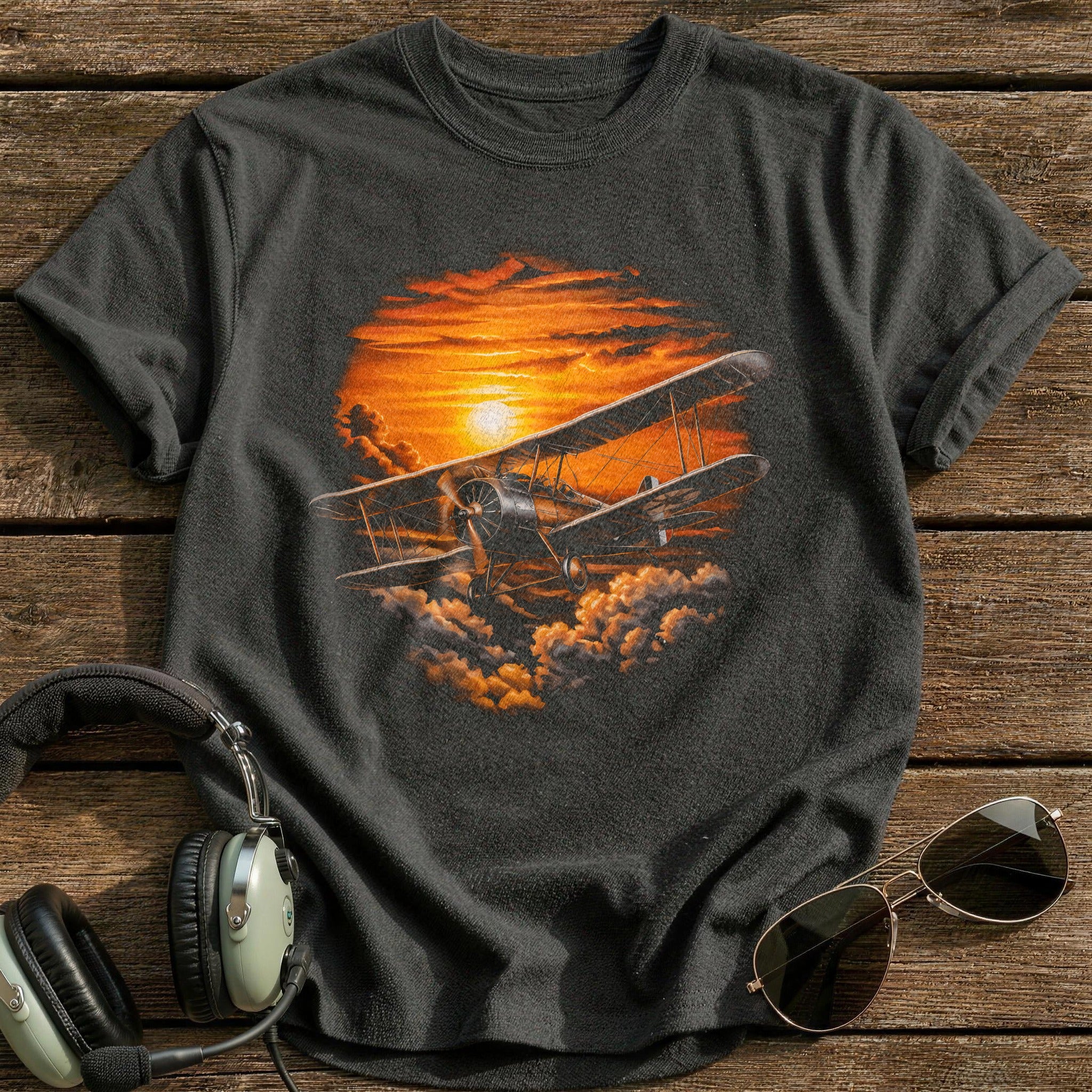 Biplane Sunset T-Shirt - Charcoal