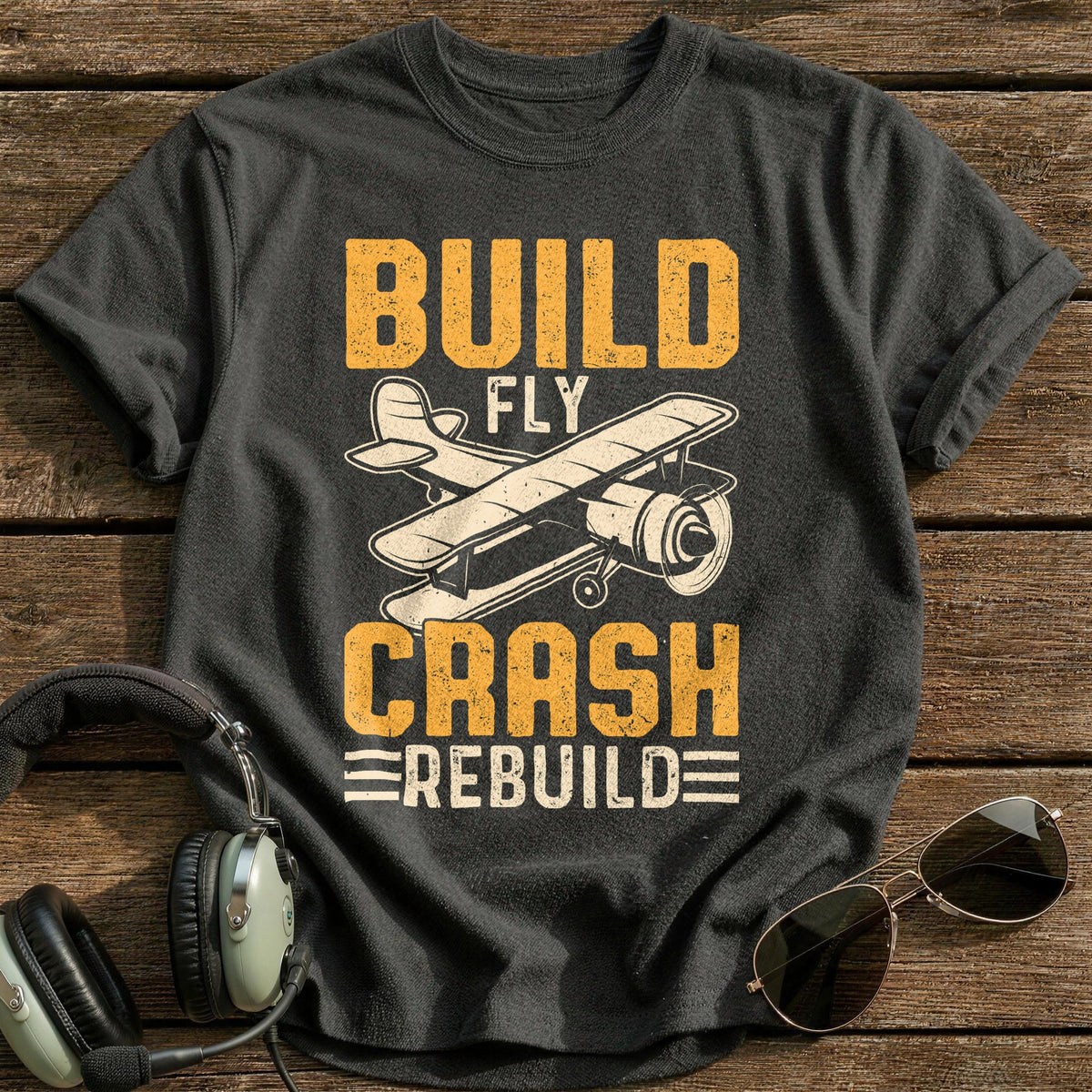 Build Fly Crash Rebuild 2 T-Shirt - Charcoal