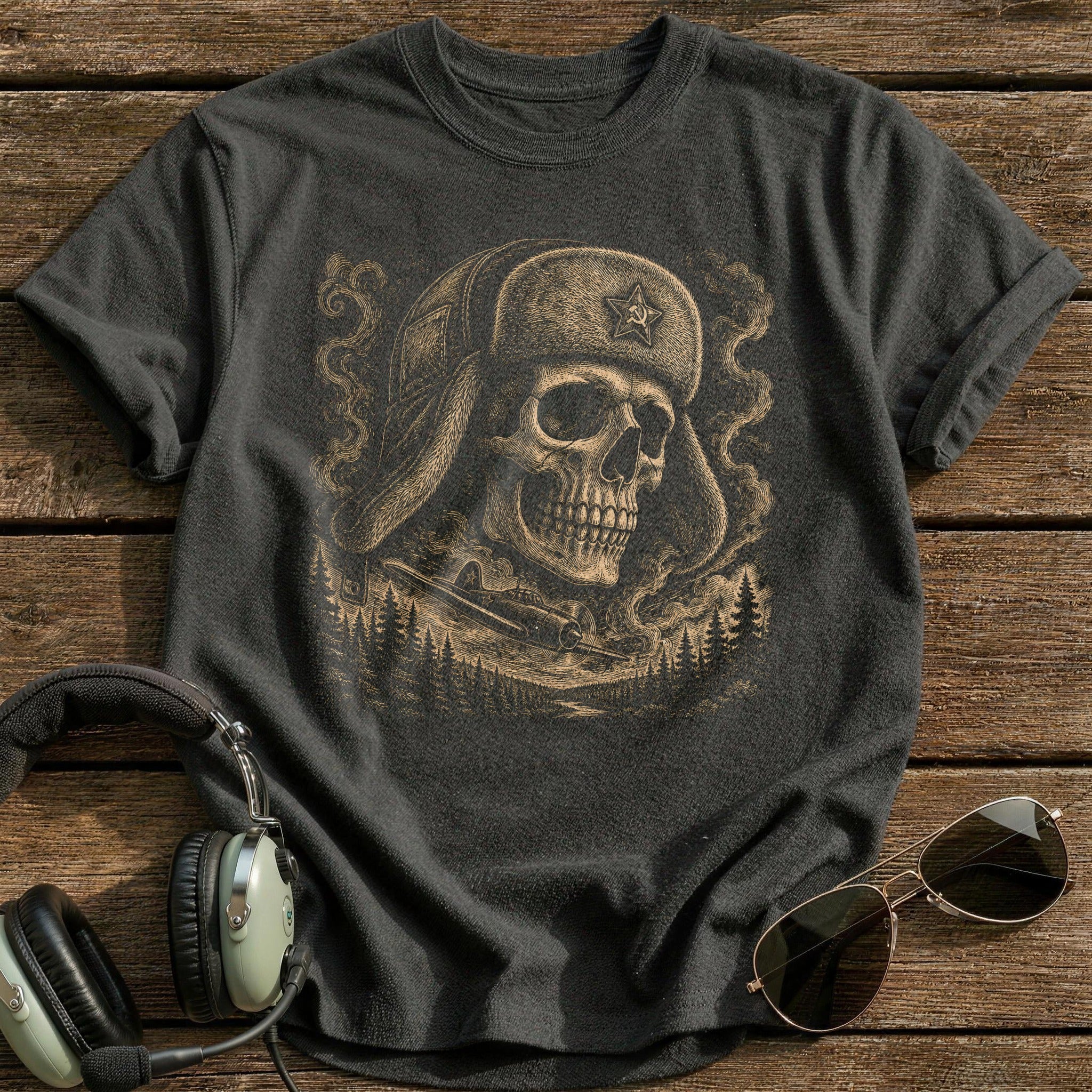 Bush Pilot Skull Ushanka T-Shirt - Charcoal