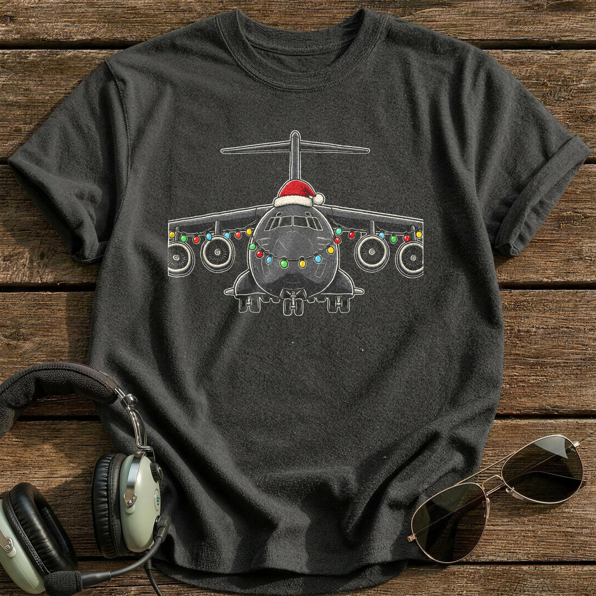 Cargo Plane Christmas Lights 19 T-Shirt - Charcoal