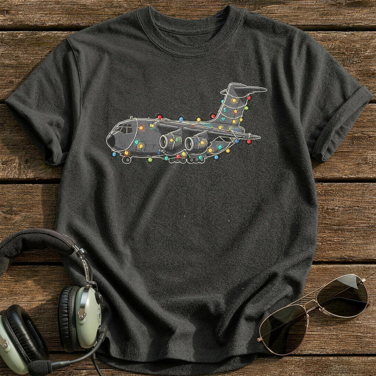 Cargo Plane Christmas Lights 89 T-Shirt - Charcoal
