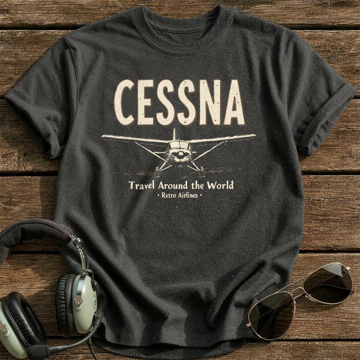 Cessna Travel Around The World T-Shirt - Charcoal