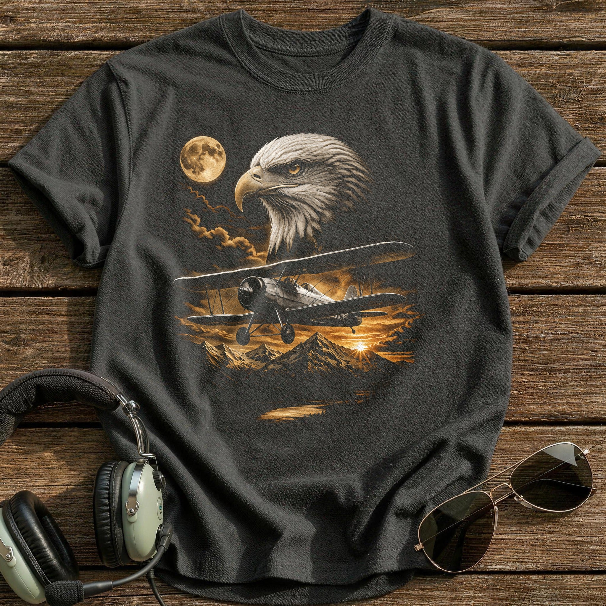Eagle Biplane Sunset T-Shirt - Charcoal